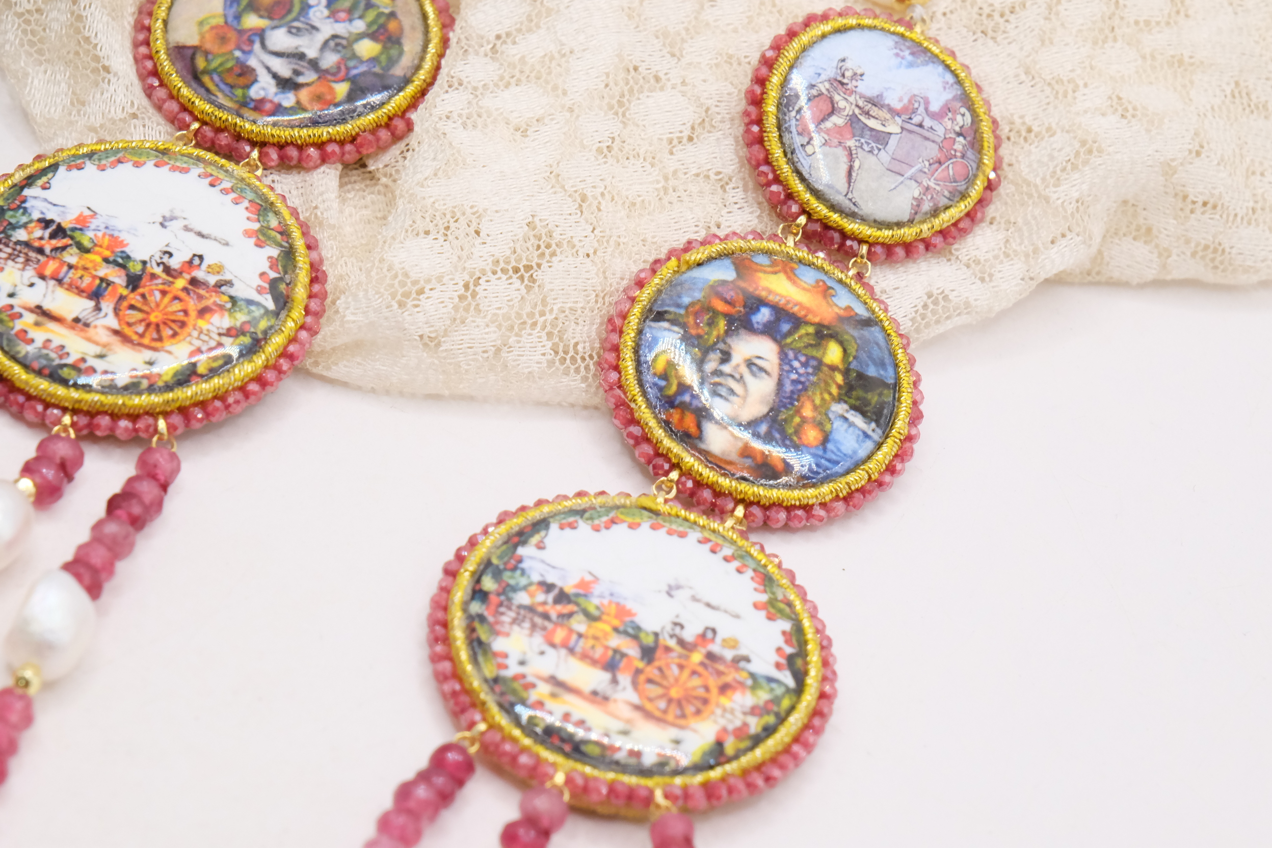 COLLANA MULTIFILO PERLE RADICE DI RUBINO RUBY CERAMICA DI CALTAGIRONE ARTIGIANALE ARGENTO DORATO MATTONELLE SICILIANA (8)