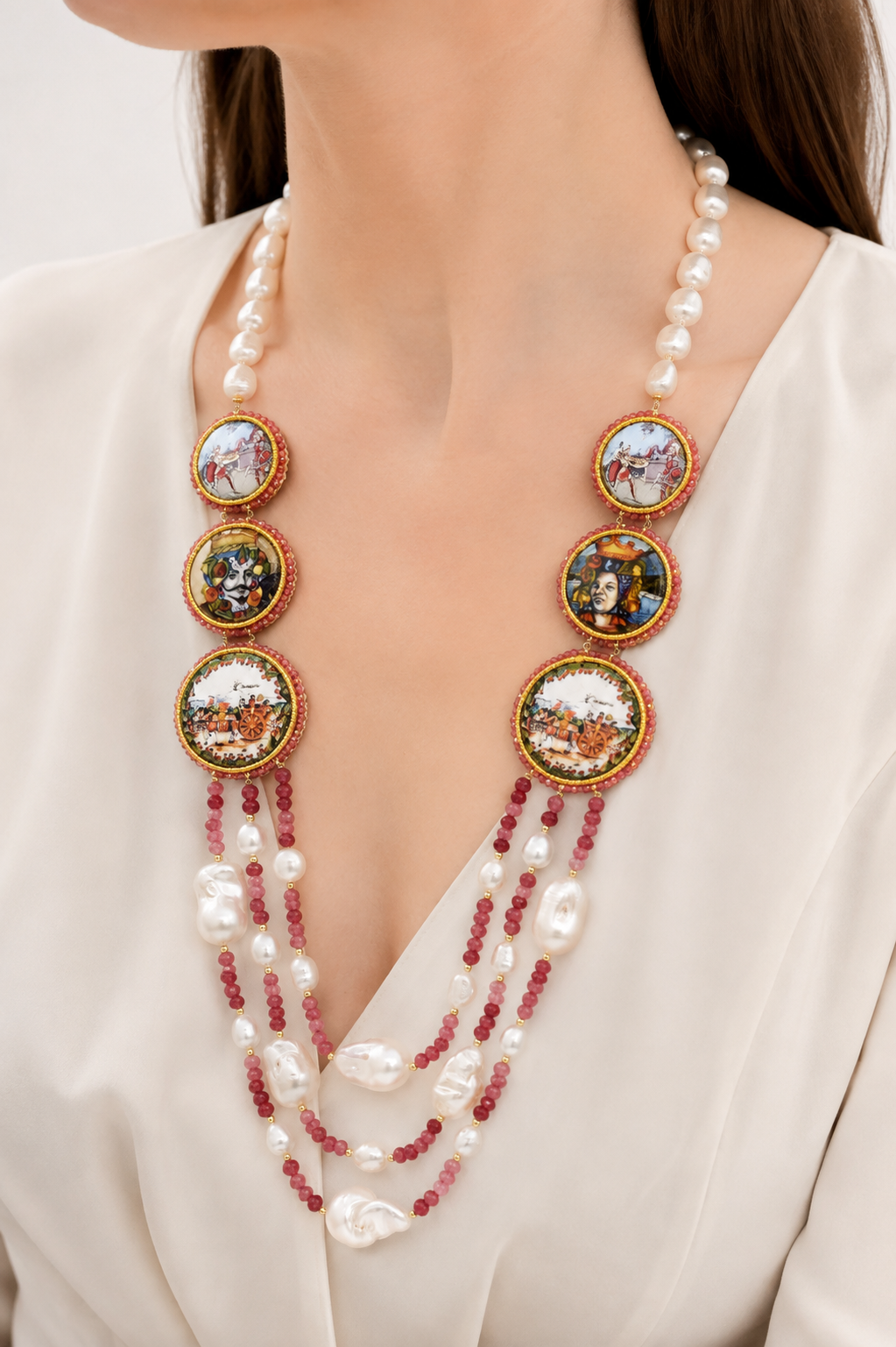 COLLANA MULTIFILO PERLE RADICE DI RUBINO RUBY CERAMICA DI CALTAGIRONE ARTIGIANALE ARGENTO DORATO MATTONELLE SICILIANA