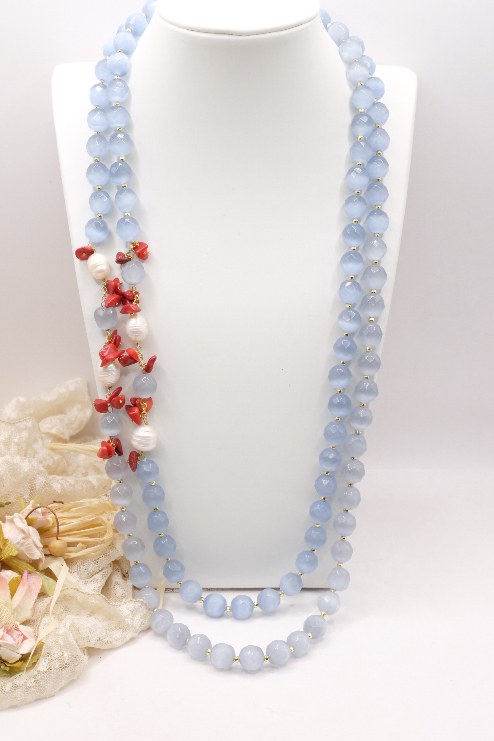COLLANA OCCHIO DI GATTO AZZURRO POLVERE PERLE CORALLO ARTIGIANALE (2)