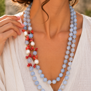 Collana Multifilo Occhio di Gatto Azzurro Polvere Perle Corallo Filigrana
