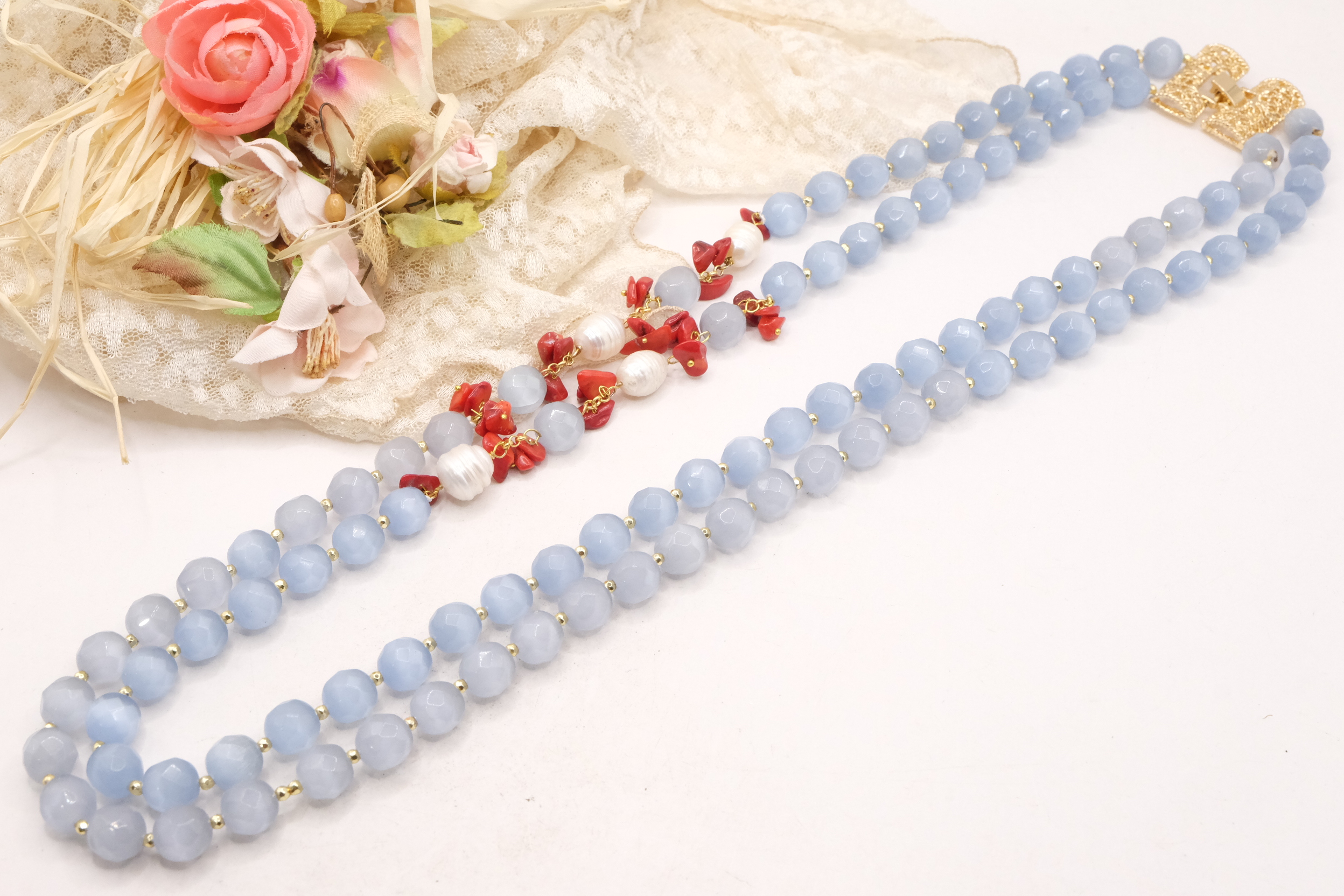 COLLANA OCCHIO DI GATTO AZZURRO POLVERE PERLE CORALLO ARTIGIANALE (4)