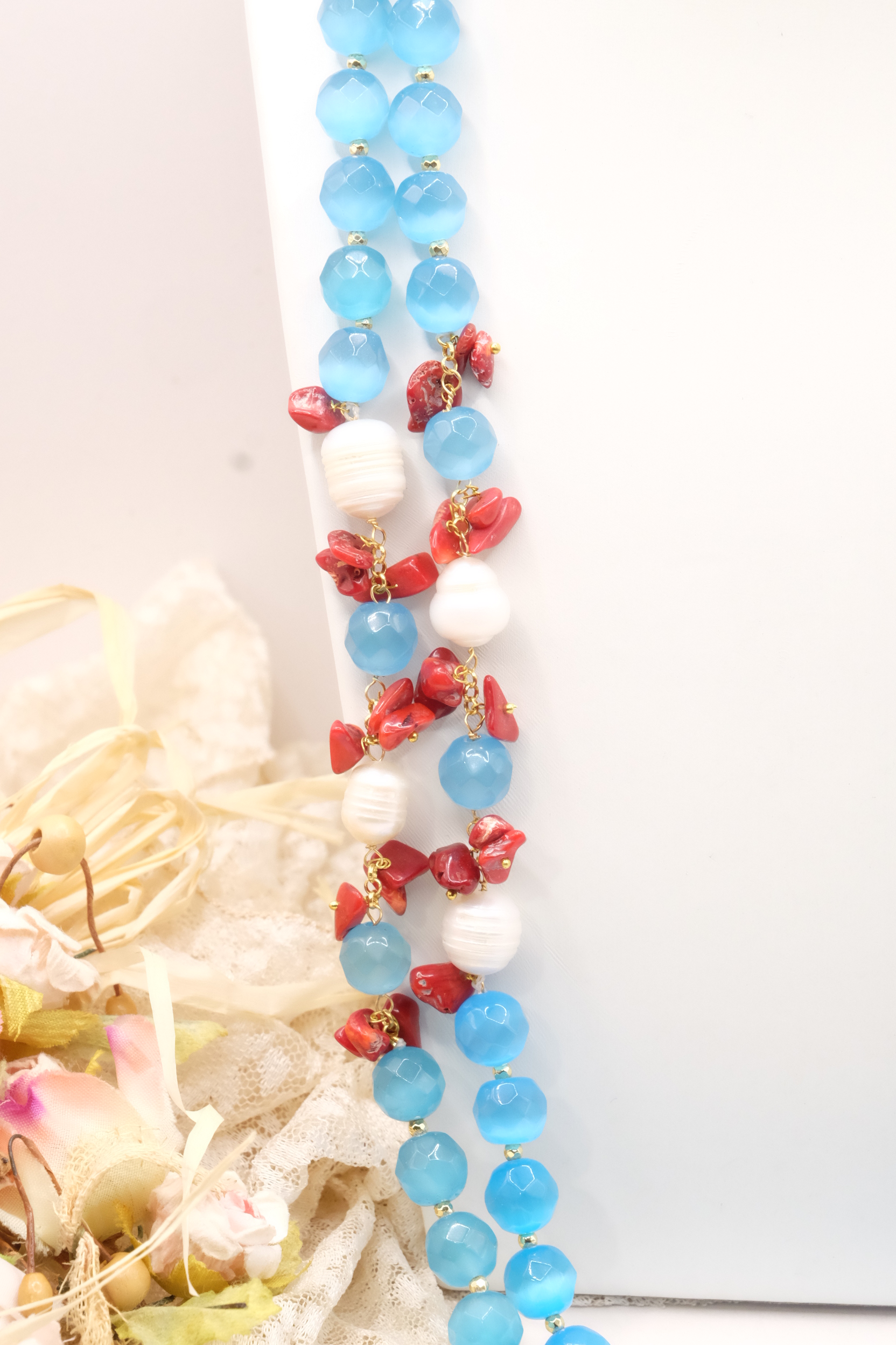 COLLANA OCCHIO DI GATTO TURCHESE PERLE CORALLO ARTIGIANALE (3)