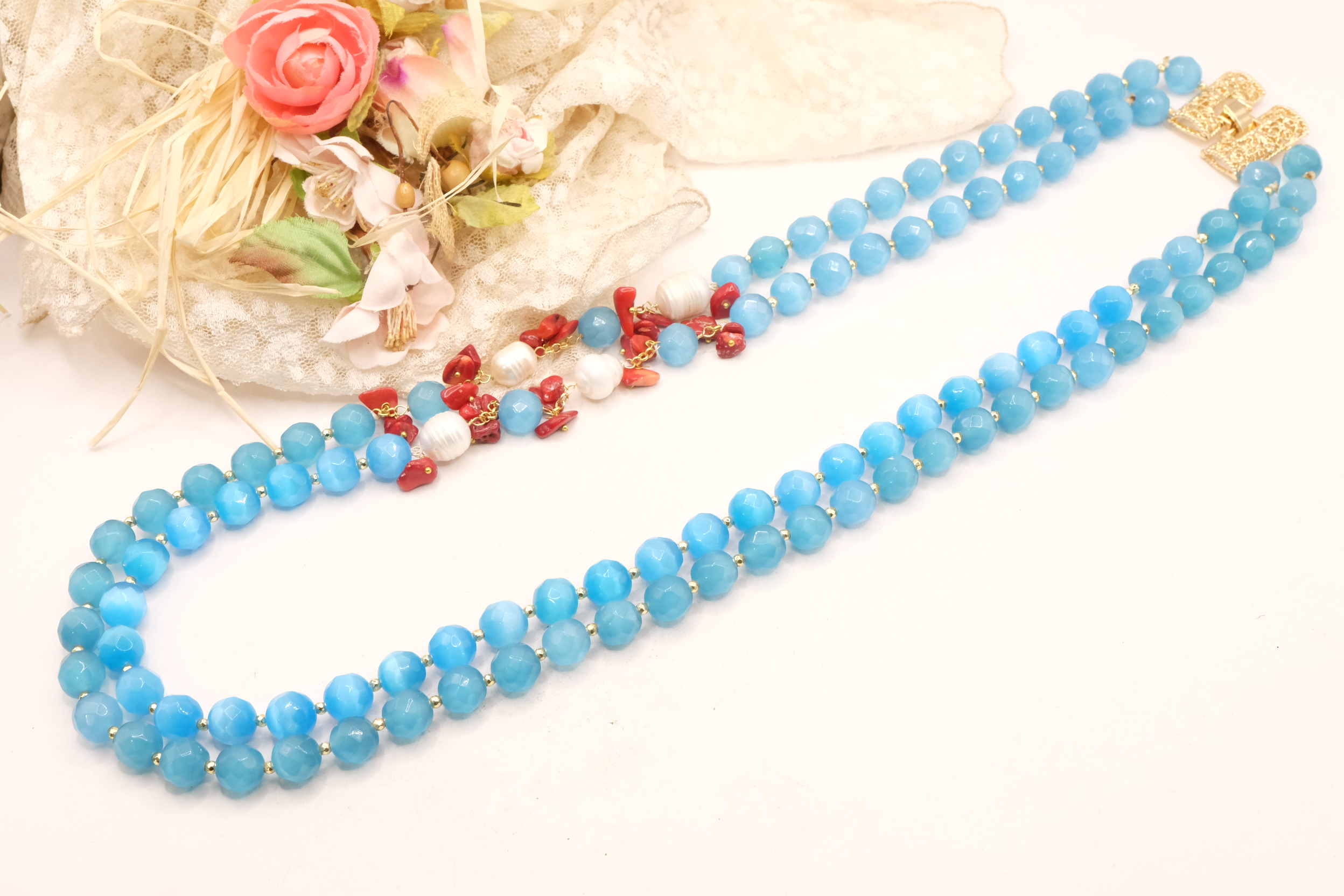 COLLANA OCCHIO DI GATTO TURCHESE PERLE CORALLO ARTIGIANALE (4)