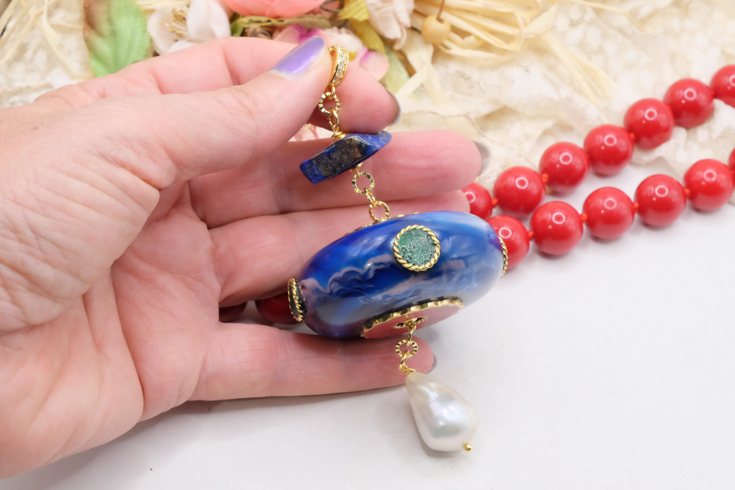 COLLANA PASTA DI CORALLO PENDENTE NEPALESE LAPIS PERLA STACCABILE ARTIGIANALE (1)