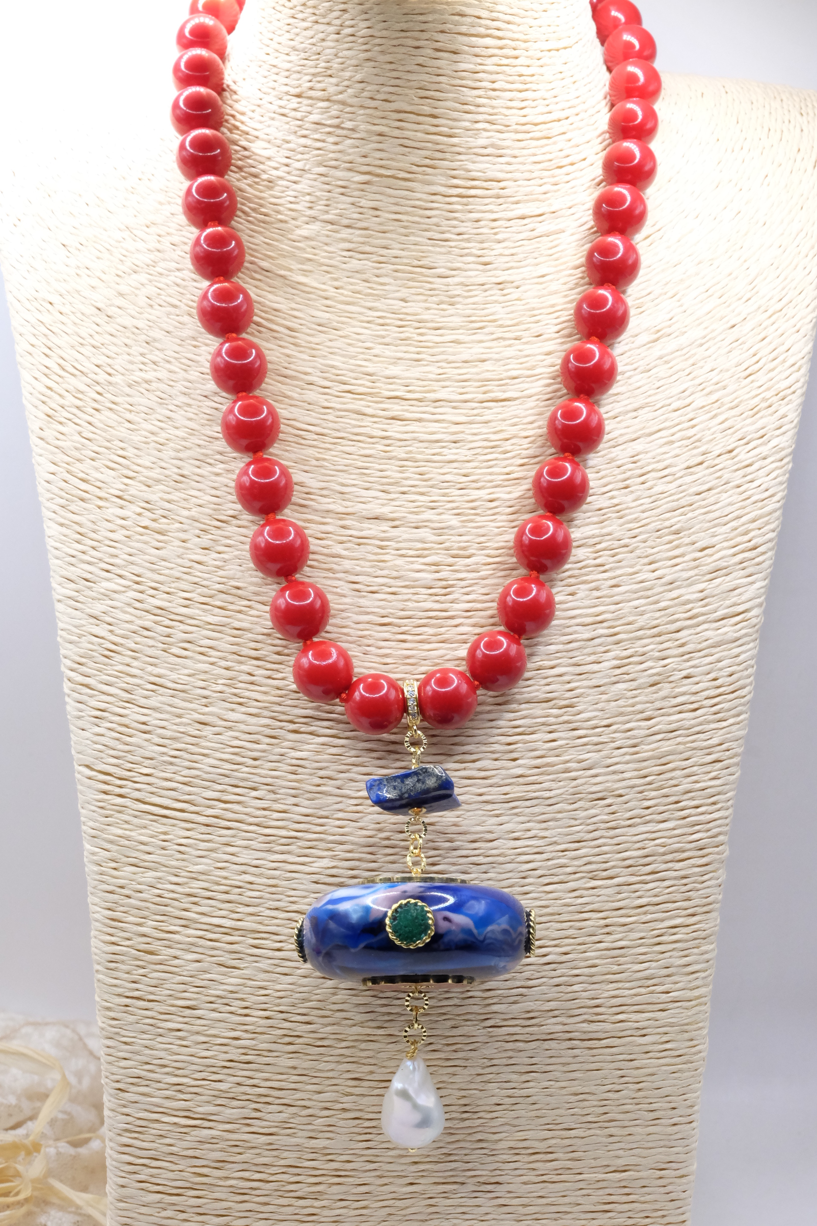 COLLANA PASTA DI CORALLO PENDENTE NEPALESE LAPIS PERLA STACCABILE ARTIGIANALE (2)
