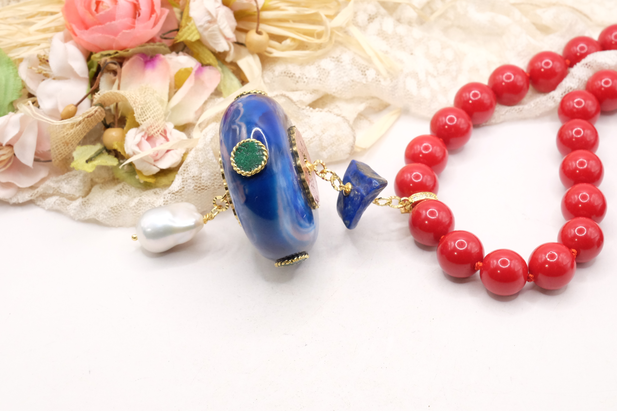 COLLANA PASTA DI CORALLO PENDENTE NEPALESE LAPIS PERLA STACCABILE ARTIGIANALE (3)