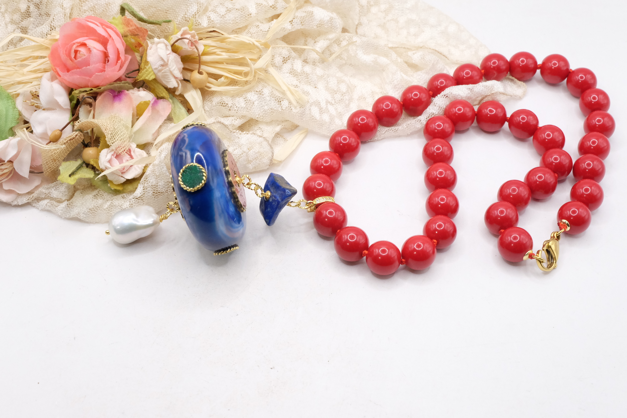 COLLANA PASTA DI CORALLO PENDENTE NEPALESE LAPIS PERLA STACCABILE ARTIGIANALE (4)