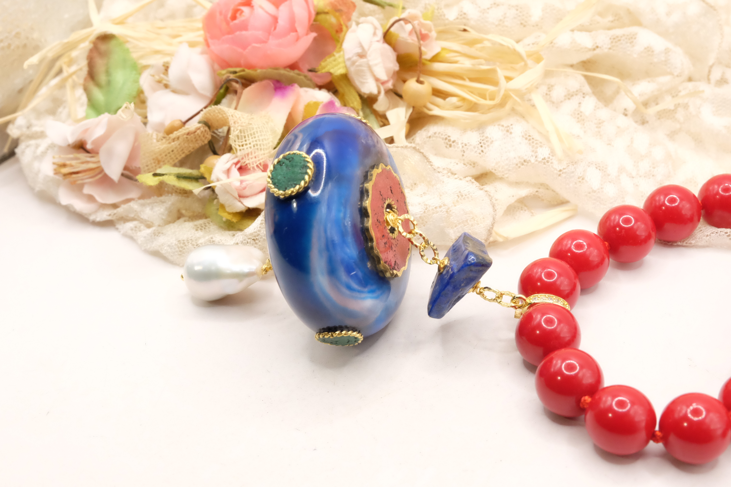 COLLANA PASTA DI CORALLO PENDENTE NEPALESE LAPIS PERLA STACCABILE ARTIGIANALE (5)