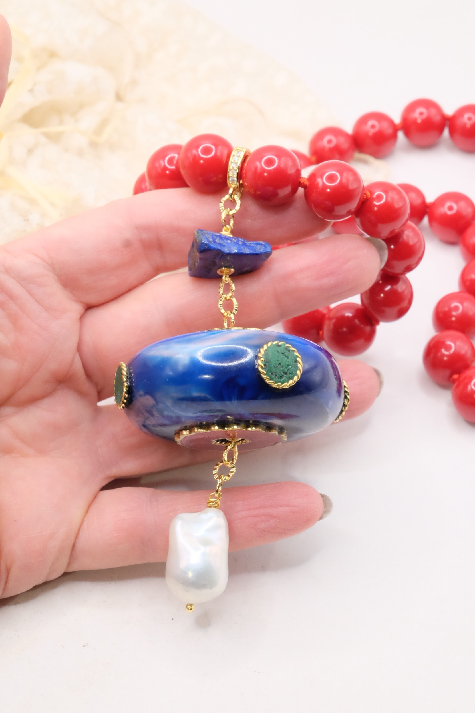 COLLANA PASTA DI CORALLO PENDENTE NEPALESE LAPIS PERLA STACCABILE ARTIGIANALE (6)