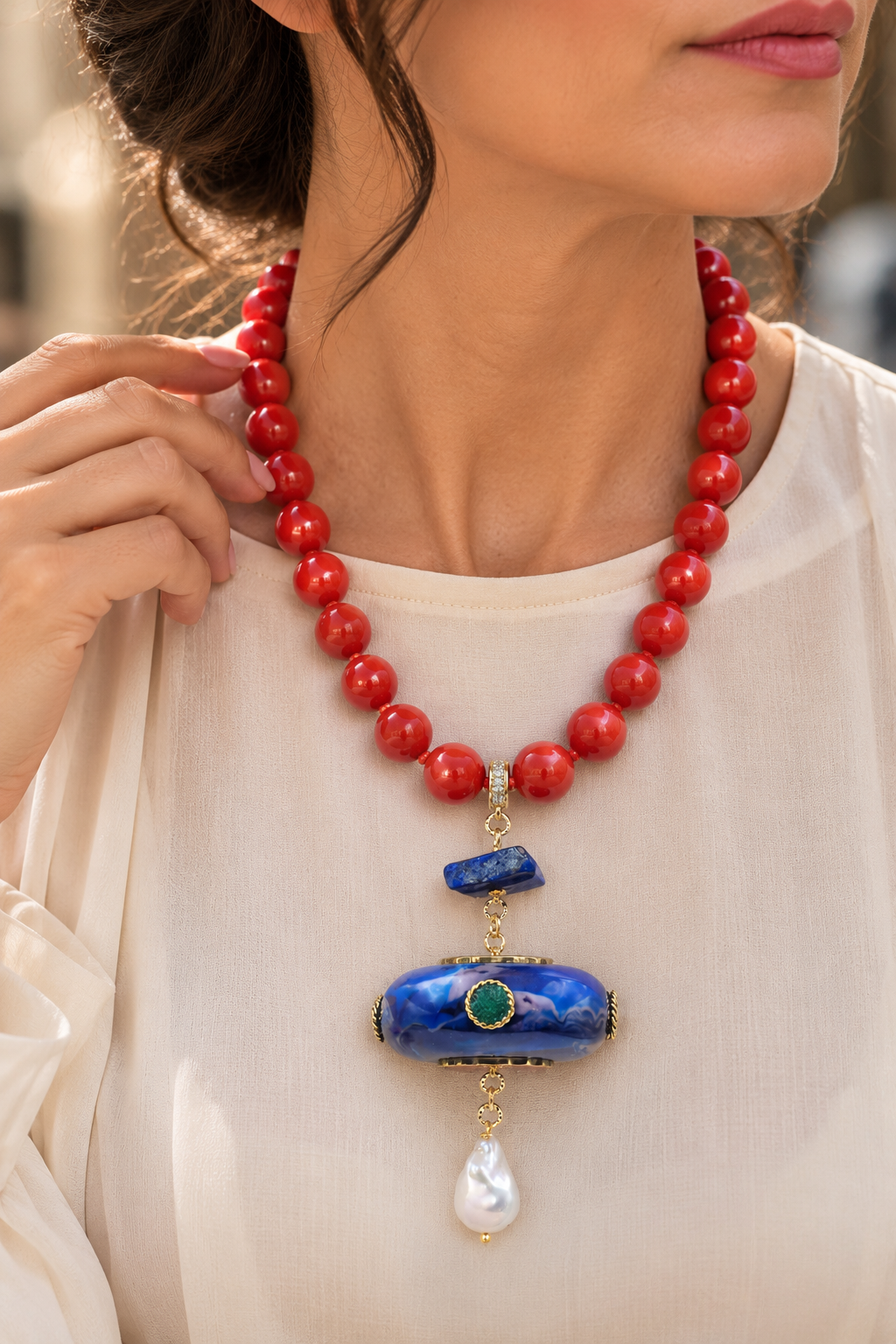 COLLANA PASTA DI CORALLO PENDENTE NEPALESE LAPIS PERLA STACCABILE ARTIGIANALE