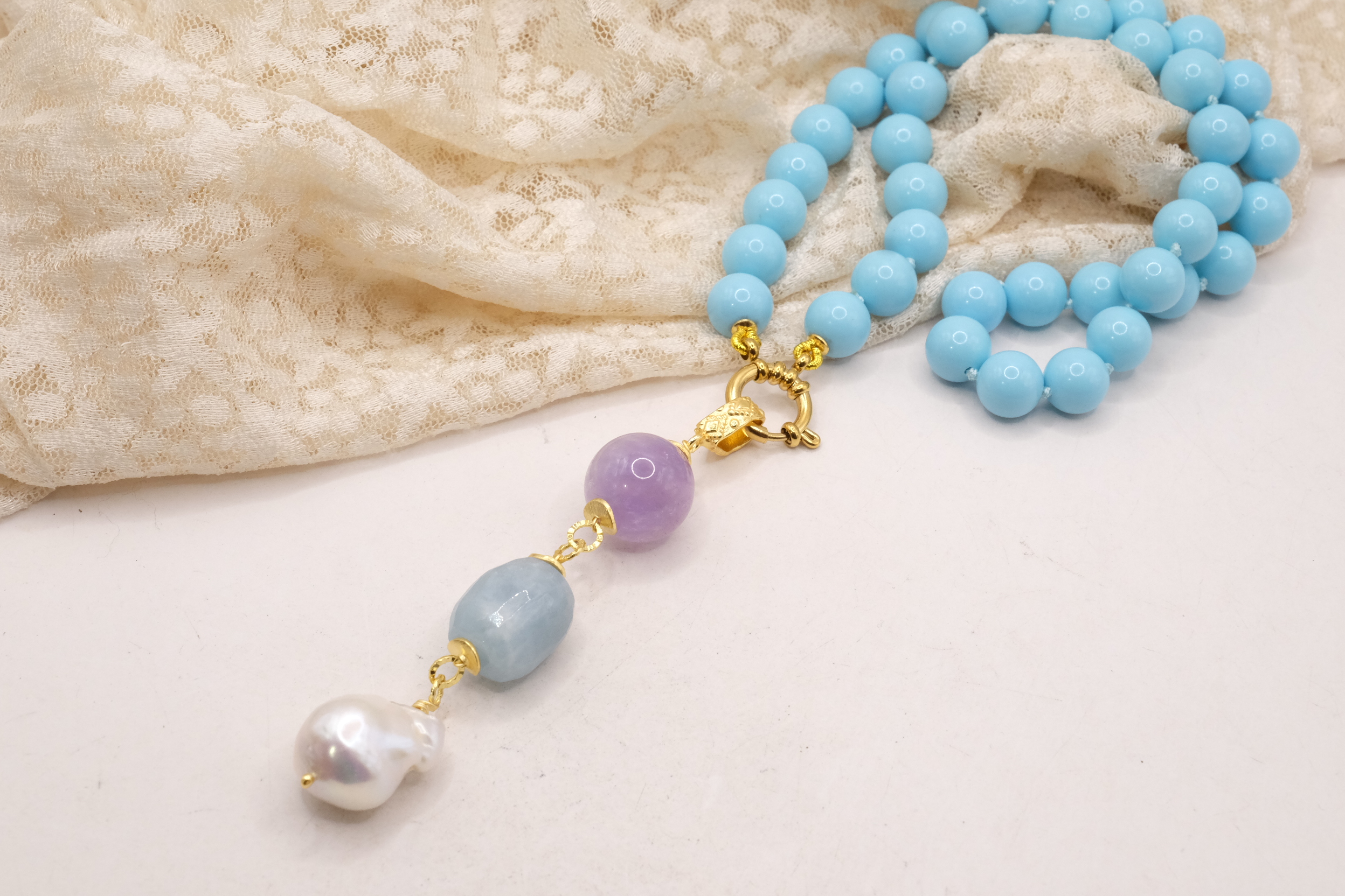COLLANA PASTA DI TURCHESE PENDENTE CIONDOLO AMETISTA ACQUAMARINA PERLE (1)