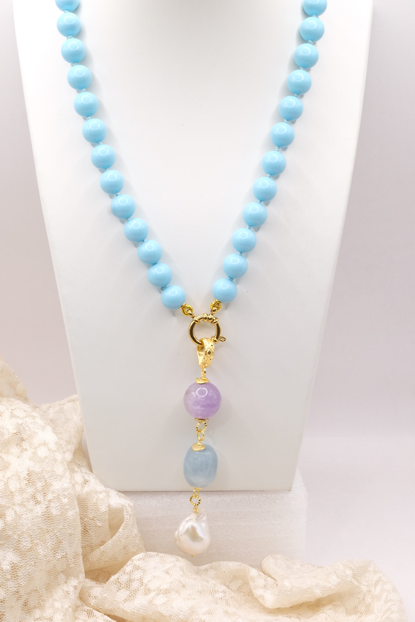 COLLANA PASTA DI TURCHESE PENDENTE CIONDOLO AMETISTA ACQUAMARINA PERLE (2)