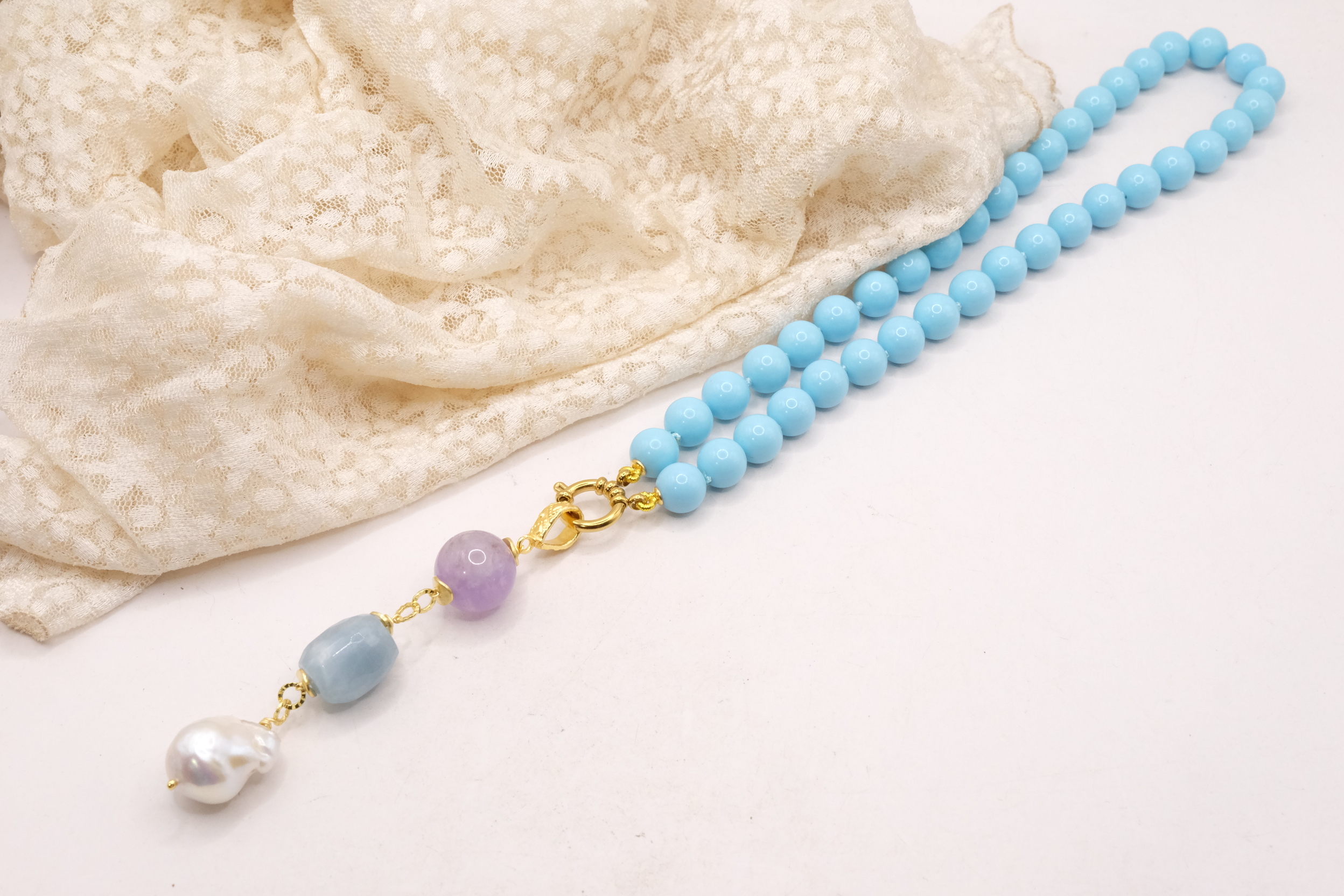 COLLANA PASTA DI TURCHESE PENDENTE CIONDOLO AMETISTA ACQUAMARINA PERLE (3)