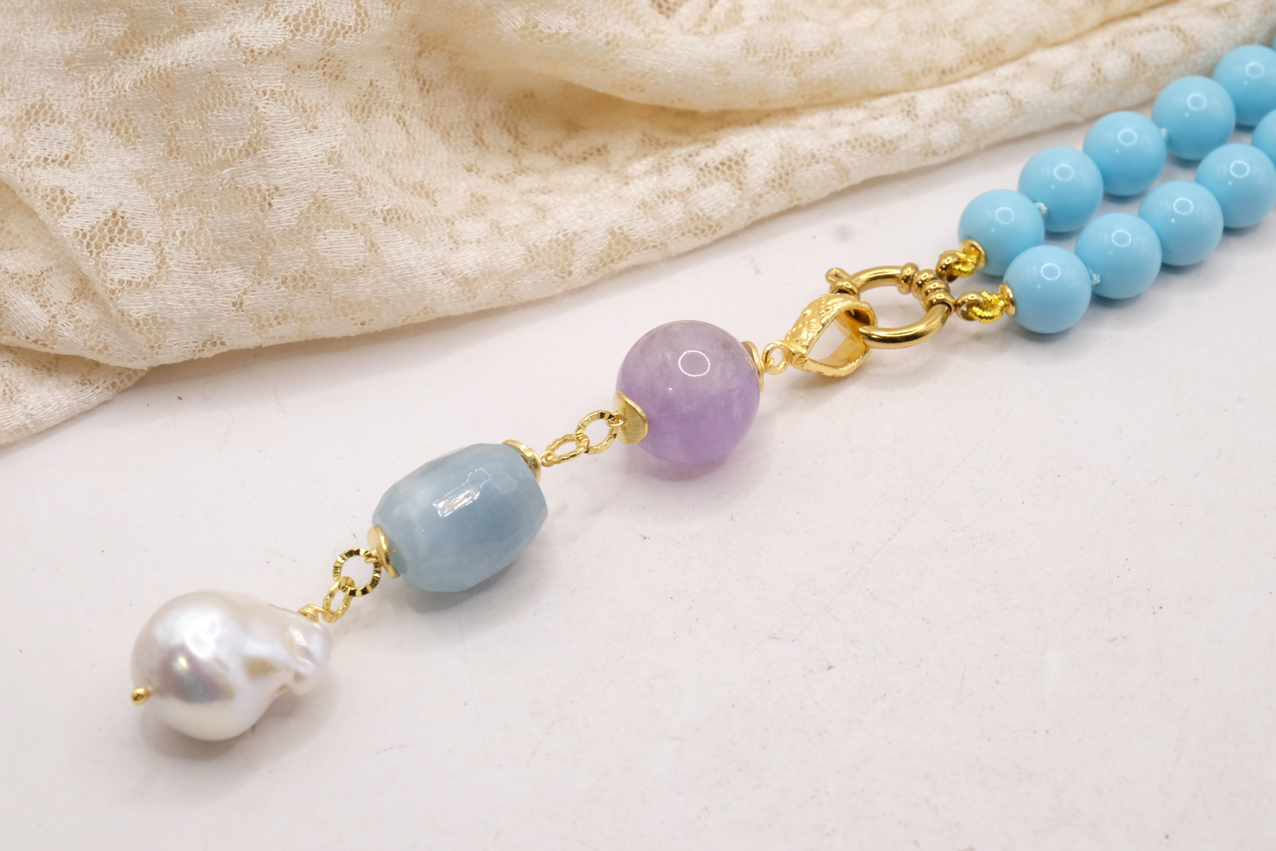 COLLANA PASTA DI TURCHESE PENDENTE CIONDOLO AMETISTA ACQUAMARINA PERLE (4)