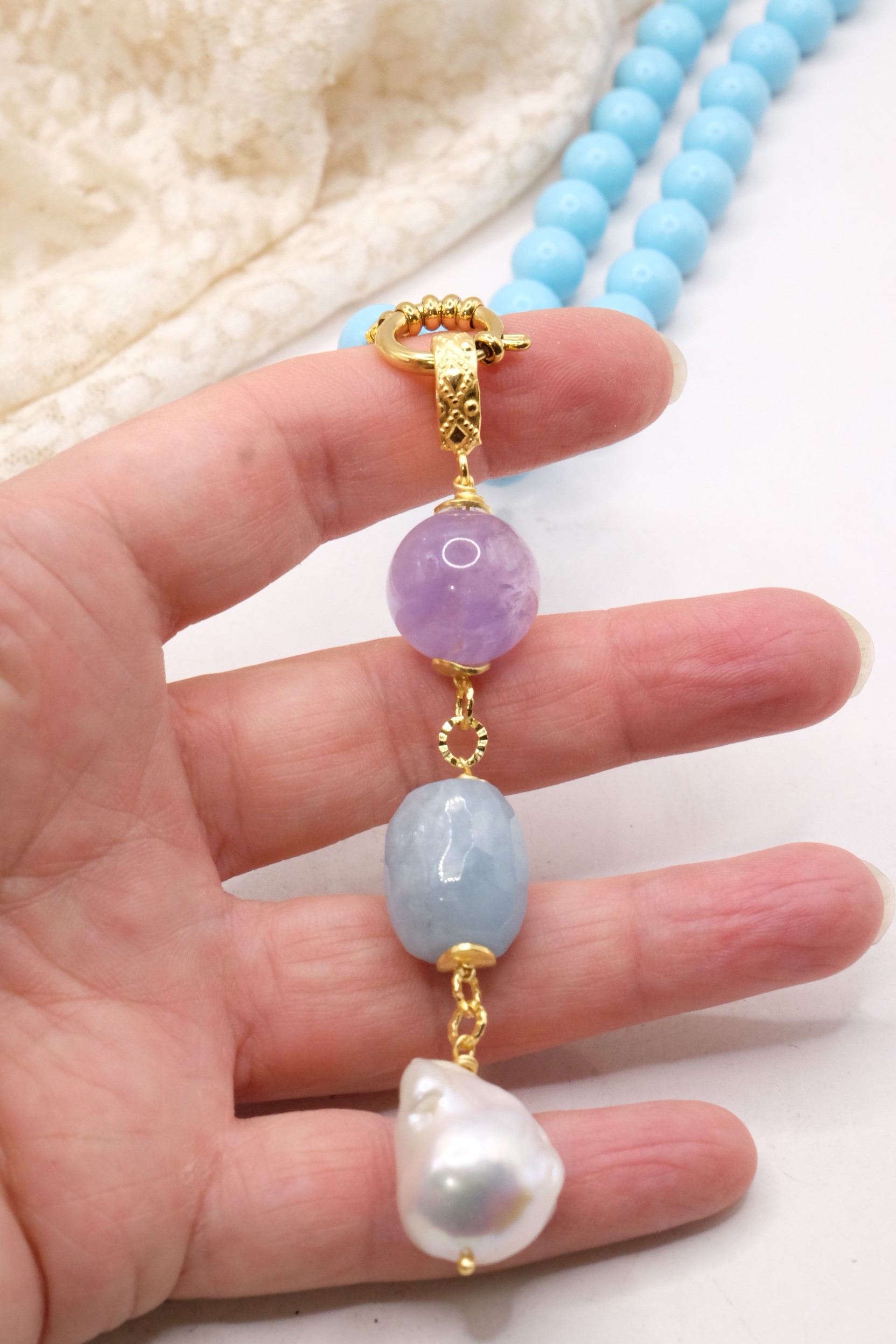 COLLANA PASTA DI TURCHESE PENDENTE CIONDOLO AMETISTA ACQUAMARINA PERLE (5)
