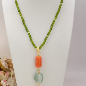 Collana Artigianale Peridoti Pendente Fluorite Verde Corallo Bamboo Perla