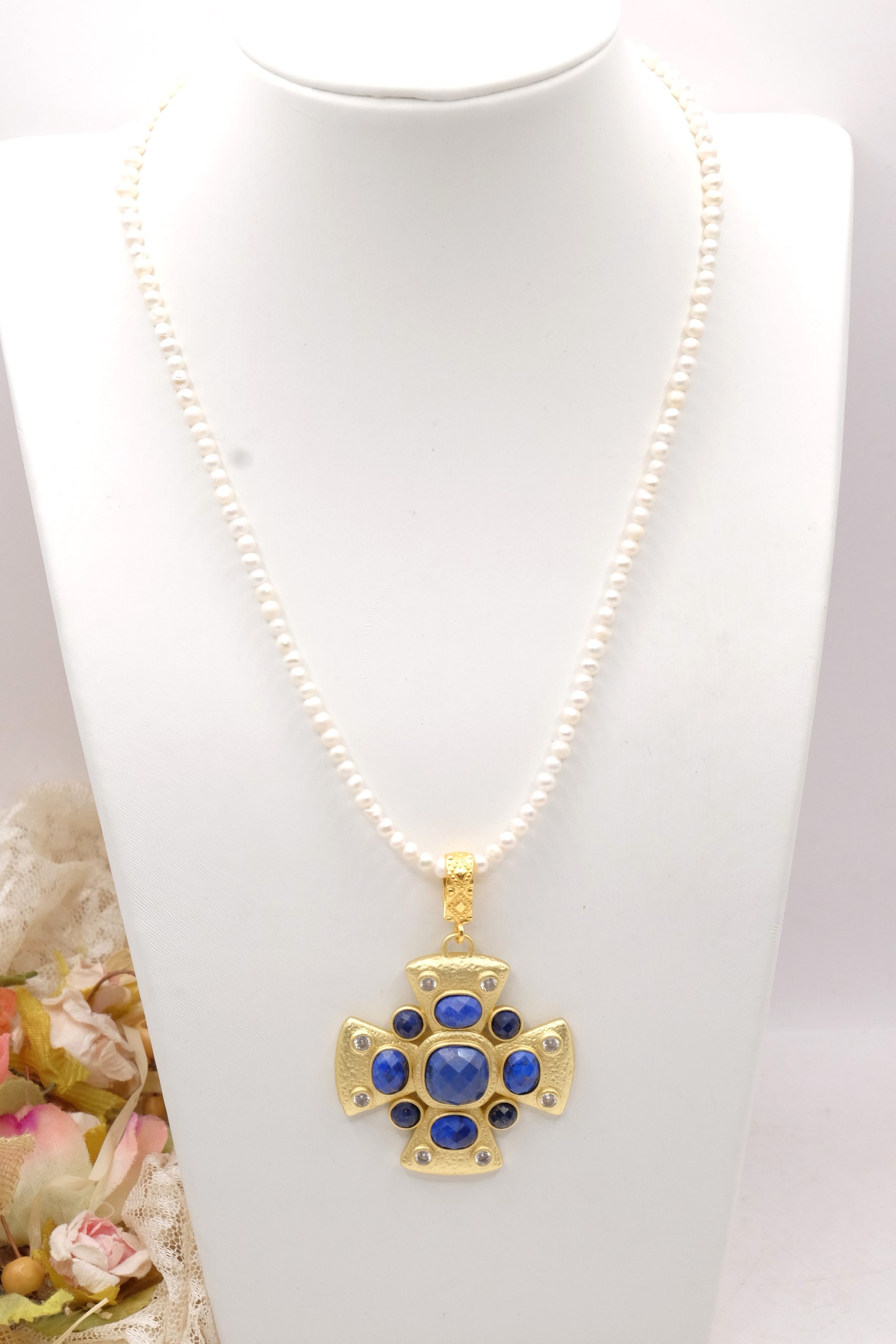 COLLANA PERLE CROCE LAPIS RADICE DI RUBINO PIETRA DI LUNA ACCIAIO OTTONE (2)