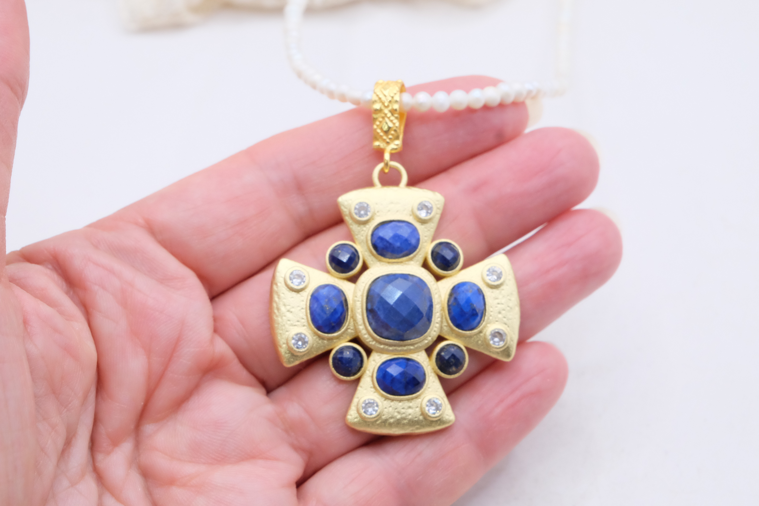 COLLANA PERLE CROCE LAPIS RADICE DI RUBINO PIETRA DI LUNA ACCIAIO OTTONE (7)