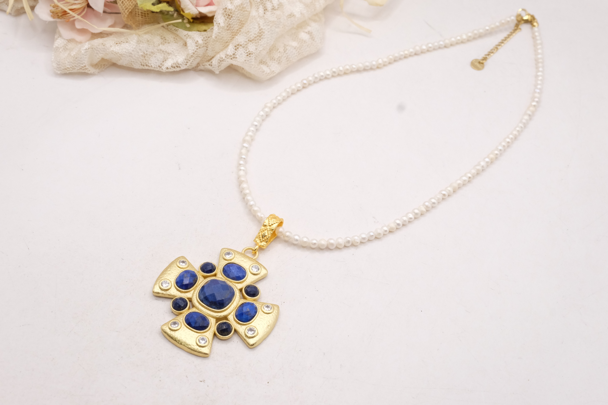 COLLANA PERLE CROCE LAPIS RADICE DI RUBINO PIETRA DI LUNA ACCIAIO OTTONE (8)