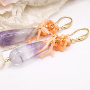 Orecchini Goccia Lunga Fluorite Corallo Rosa Ottone