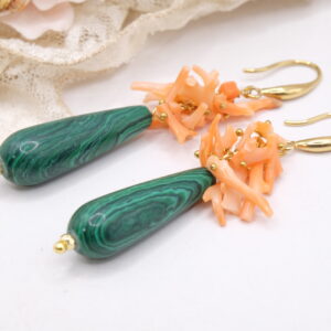 Orecchini Goccia Lunga Malachite Corallo Rosa Ottone