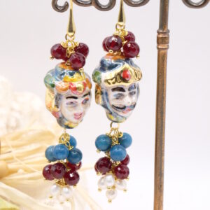 Orecchini Importanti Testa di Moro Ceramica Giada Borgogna Apatite Perle Argento