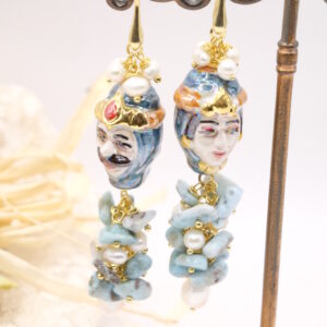 Orecchini Importanti Testa di Moro in Ceramica Larimar Perle Argento