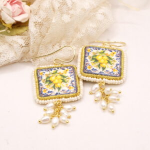 Orecchini Mattonelle in Ceramica Limoni Perle Argento