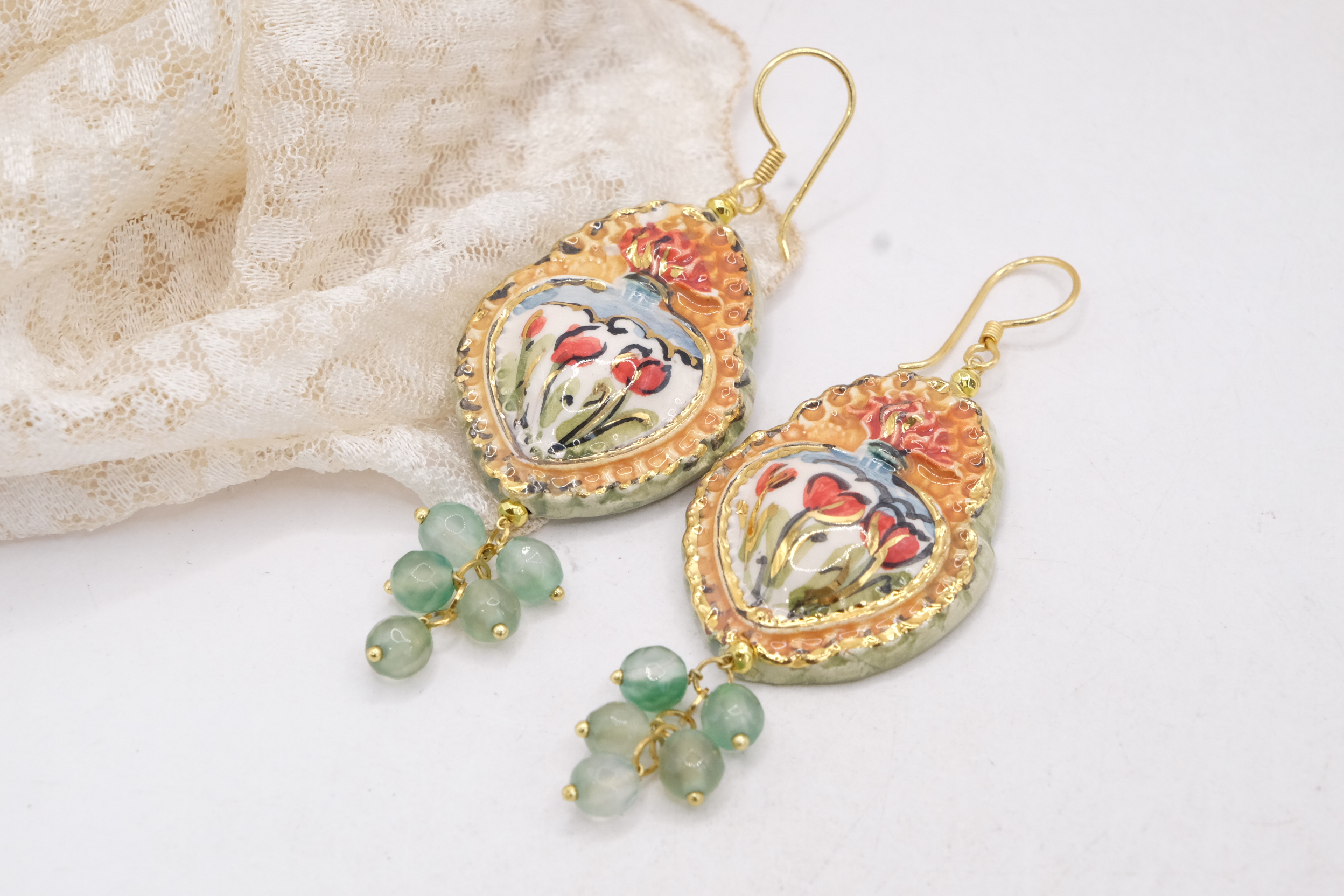 ORECCHINI SICILIANI ARTIGIANALI CERAMICA DI CALTAGIRONE SACRO CUORE PASTA DI TURCHESE PASTA DI CORALLO QUARZO VERDE (3)