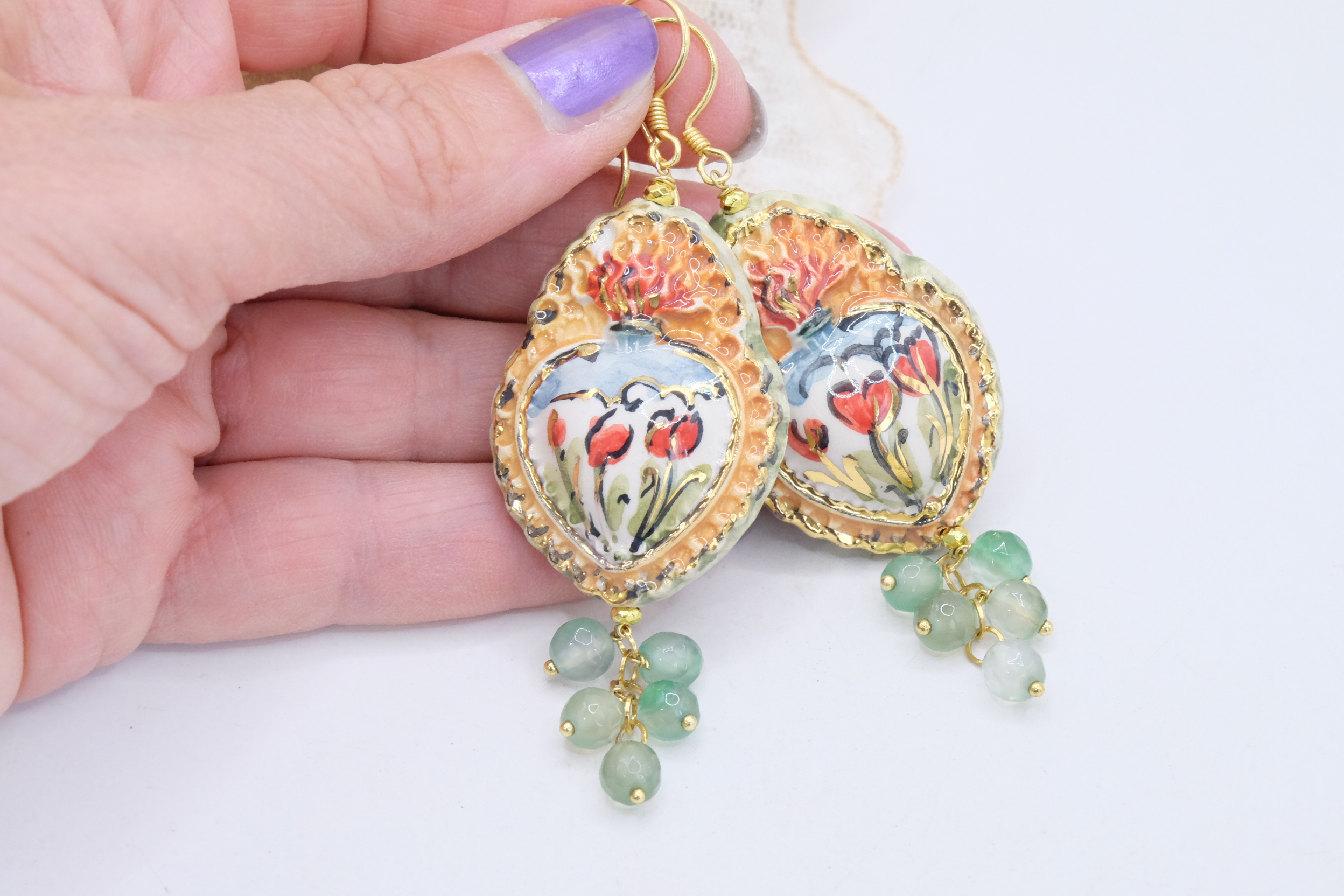 ORECCHINI SICILIANI ARTIGIANALI CERAMICA DI CALTAGIRONE SACRO CUORE PASTA DI TURCHESE PASTA DI CORALLO QUARZO VERDE (4)