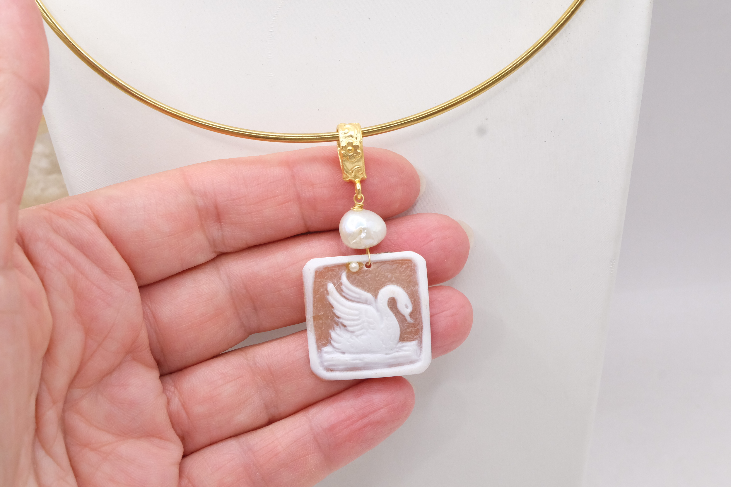PARURE CIONDOLO ORECCHINI CAMMEO TORRE DEL GRECO PERLE NATURALI CIGNO CIGNI ARGENTO OTTONE (4)