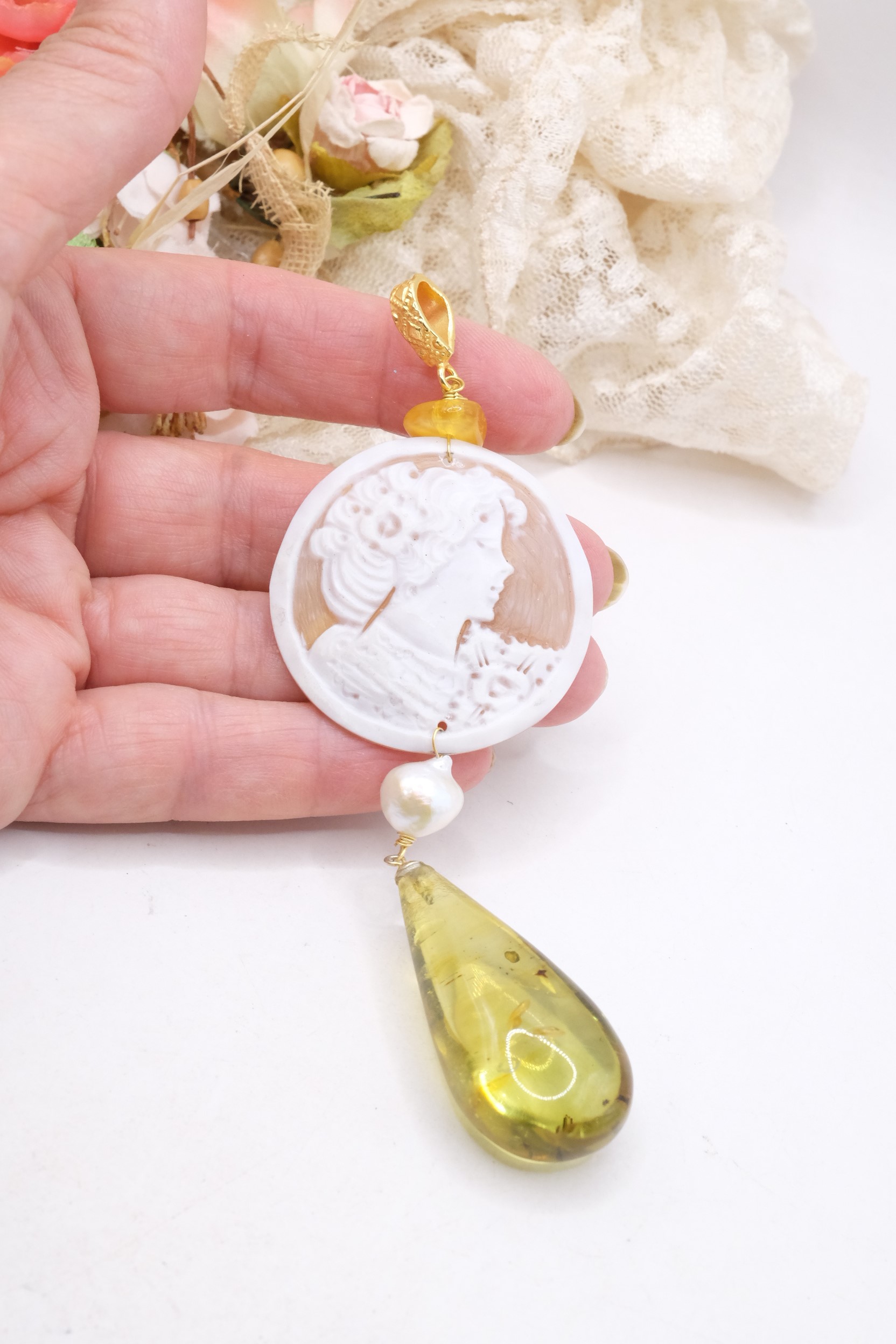 PENDENTE AMBRA DOMINICANA VERDE GOCCIA PERLA CAMMEO DAMA (4)