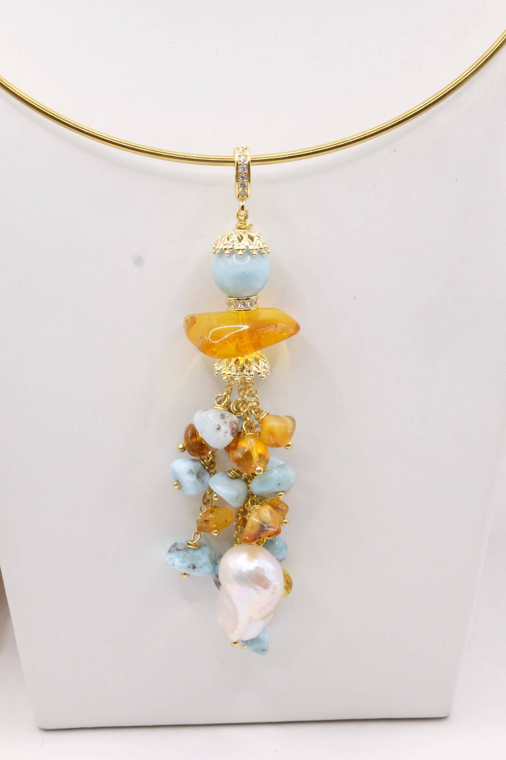 PENDENTE ARTIGIANALE LARIMAR AMBRA PERLE