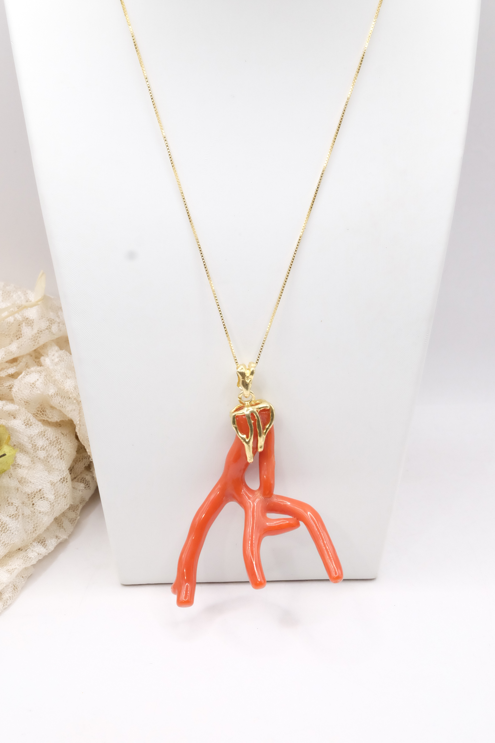 PENDENTE RAMO DI CORALLO DEL MEDITERRANEO ARGENTO 925 PLACCATO ORO ARTIGIANALE (2)