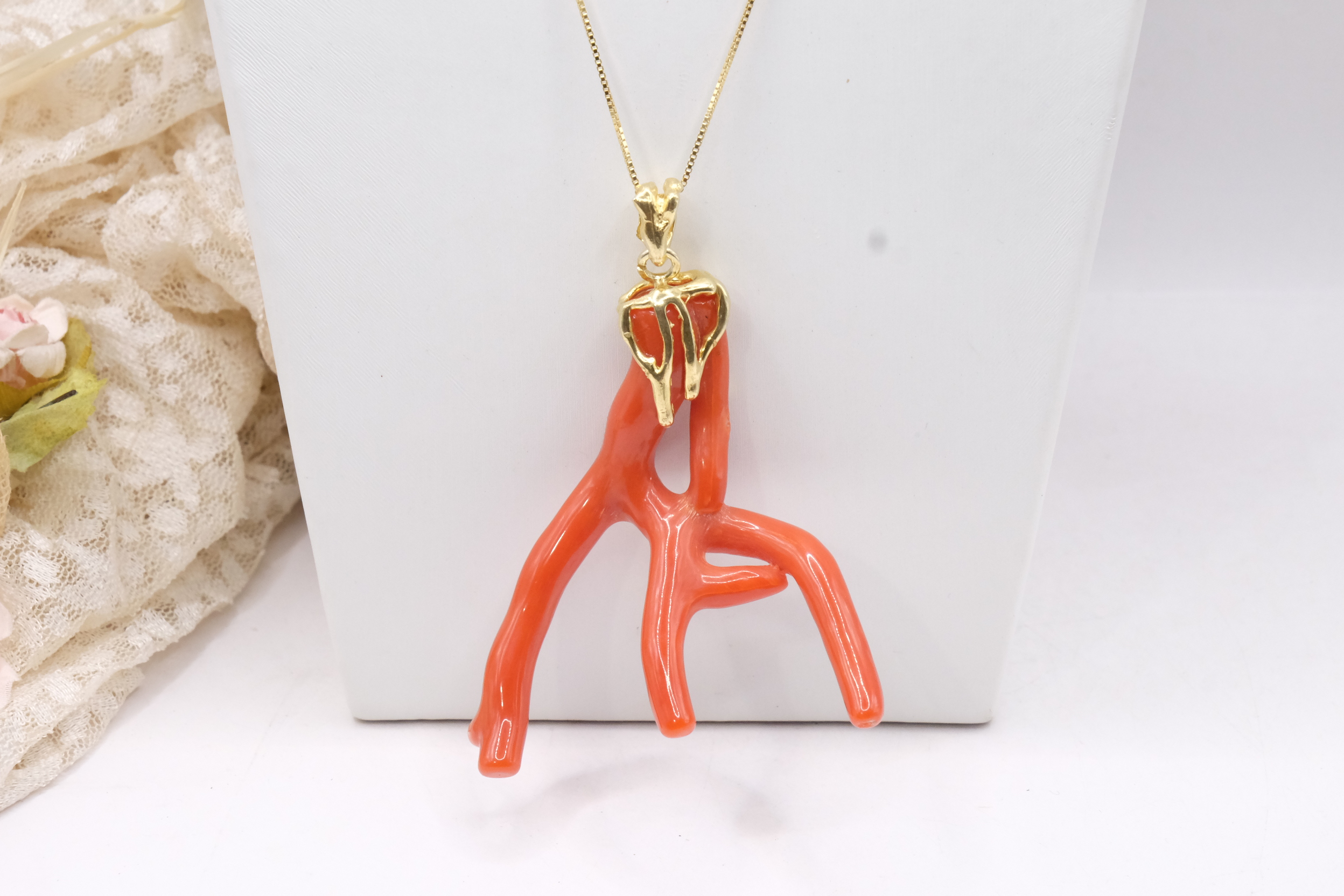 PENDENTE RAMO DI CORALLO DEL MEDITERRANEO ARGENTO 925 PLACCATO ORO ARTIGIANALE (3)