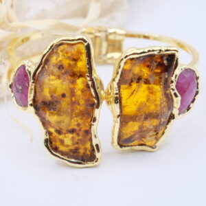 Bracciale Gioiello Ambra del Baltico Grezza Ottone Galvanica Oro a Molla Vistoso B
