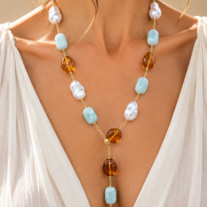 Collana Saliscendi Larimar Verde Acqua Ambra Miele Argento 925 Versatile