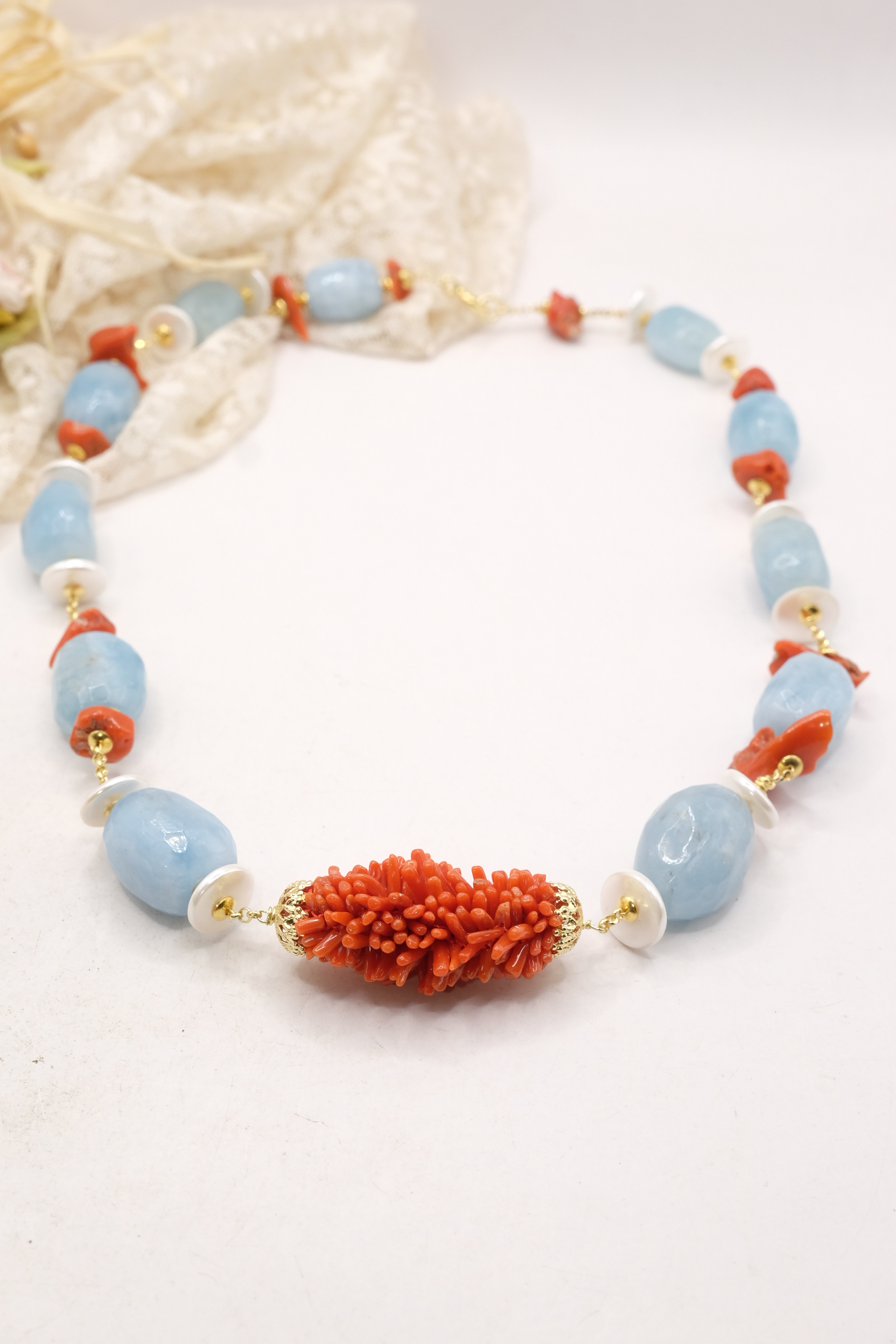 COLLANA ARTIGIANALE ARGENTO CORALLO MEDITERRANEO TESSITO ACUAMARINA (1)