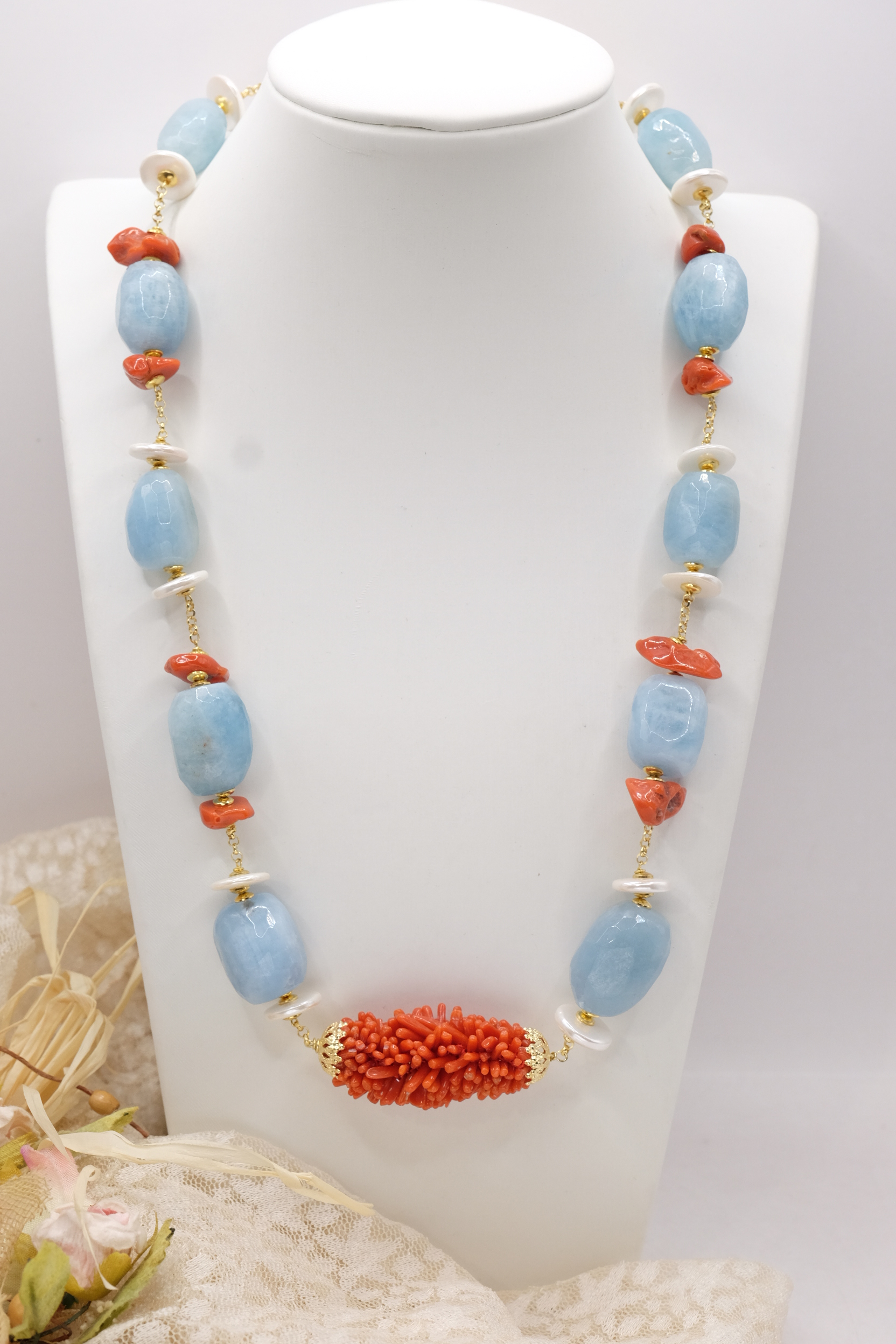 COLLANA ARTIGIANALE ARGENTO CORALLO MEDITERRANEO TESSITO ACUAMARINA (2)