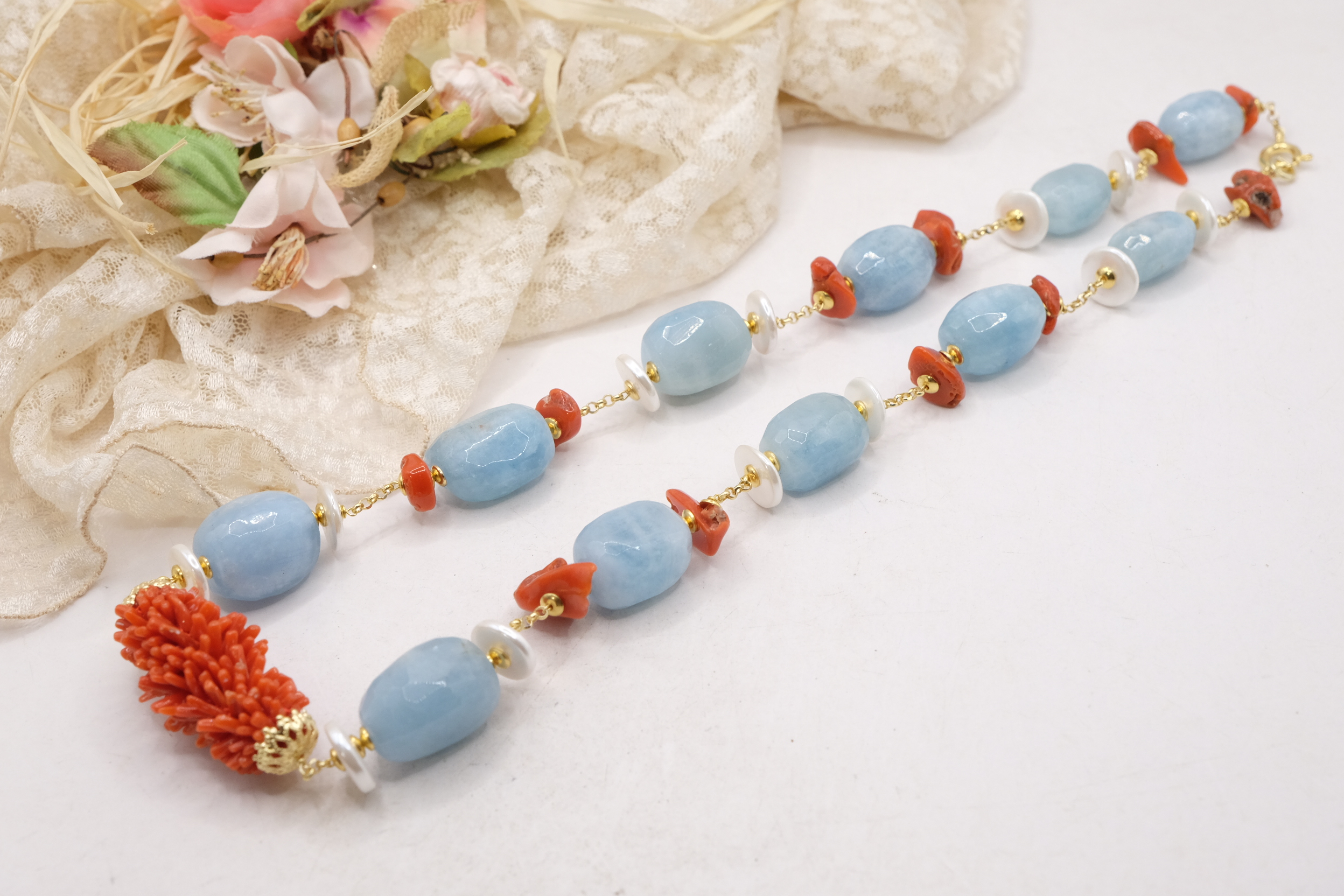 COLLANA ARTIGIANALE ARGENTO CORALLO MEDITERRANEO TESSITO ACUAMARINA (3)