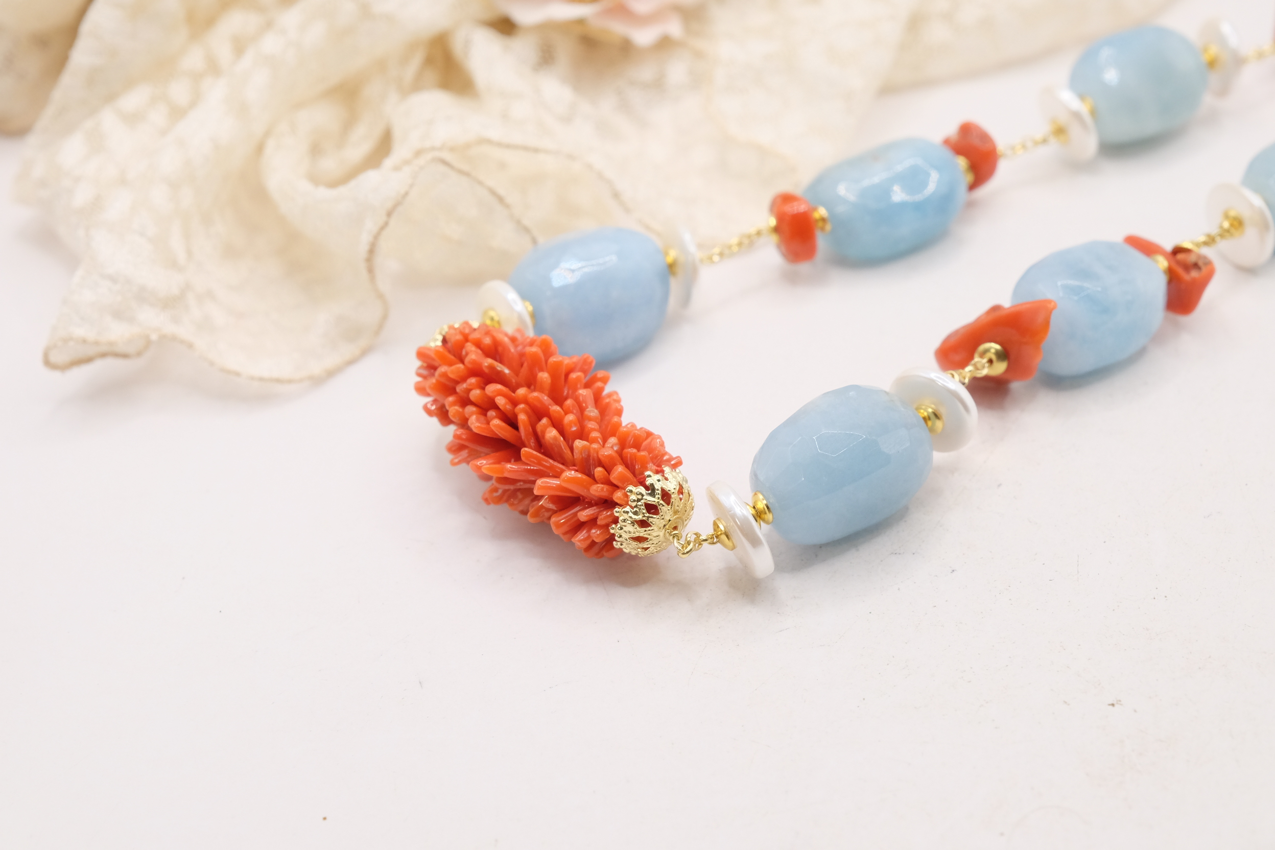 COLLANA ARTIGIANALE ARGENTO CORALLO MEDITERRANEO TESSITO ACUAMARINA (4)