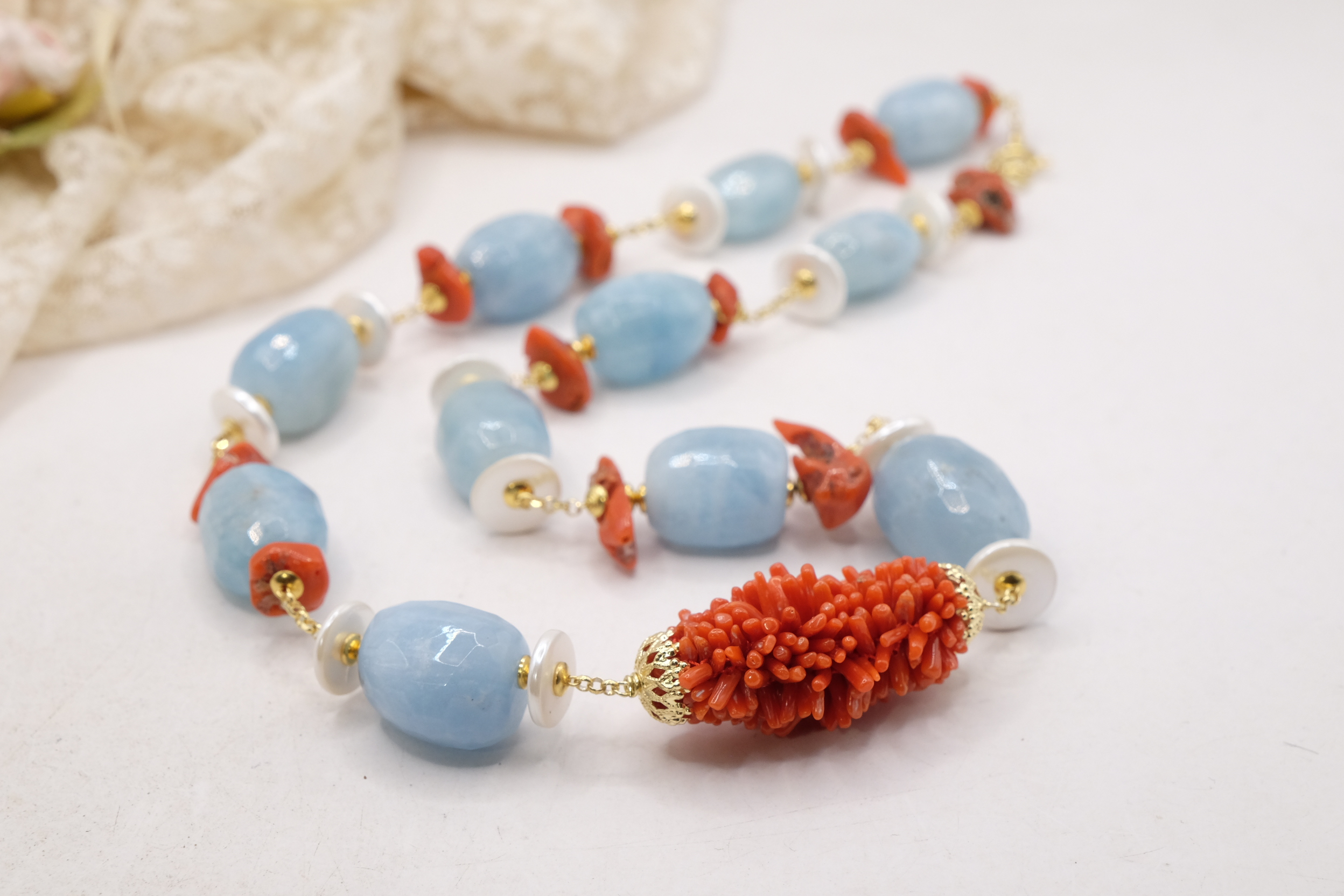 COLLANA ARTIGIANALE ARGENTO CORALLO MEDITERRANEO TESSITO ACUAMARINA (5)