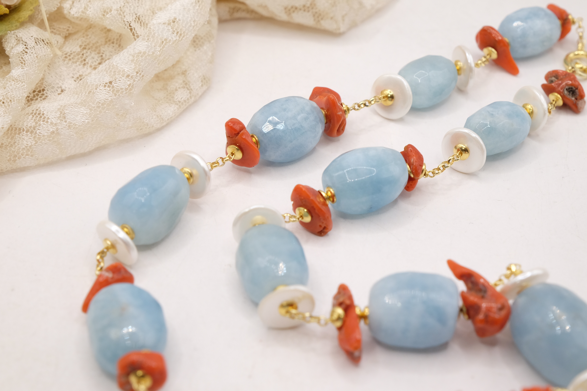COLLANA ARTIGIANALE ARGENTO CORALLO MEDITERRANEO TESSITO ACUAMARINA (6)