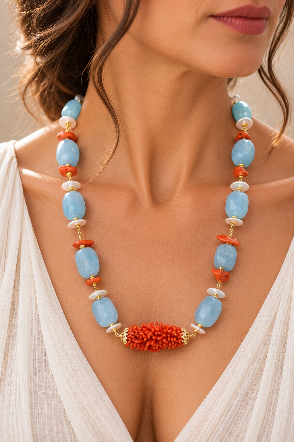 COLLANA ARTIGIANALE ARGENTO CORALLO MEDITERRANEO TESSITO ACUAMARINA