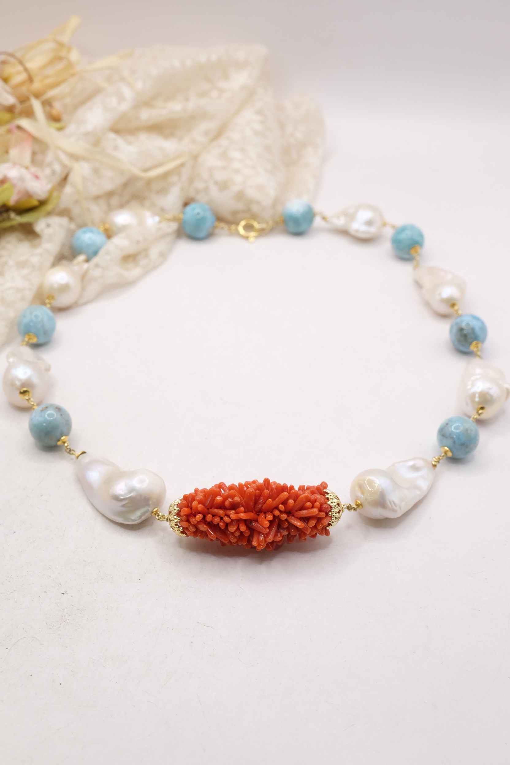 COLLANA ARTIGIANALE ARGENTO CORALLO MEDITERRANEO TESSITO LARIMAR (1)