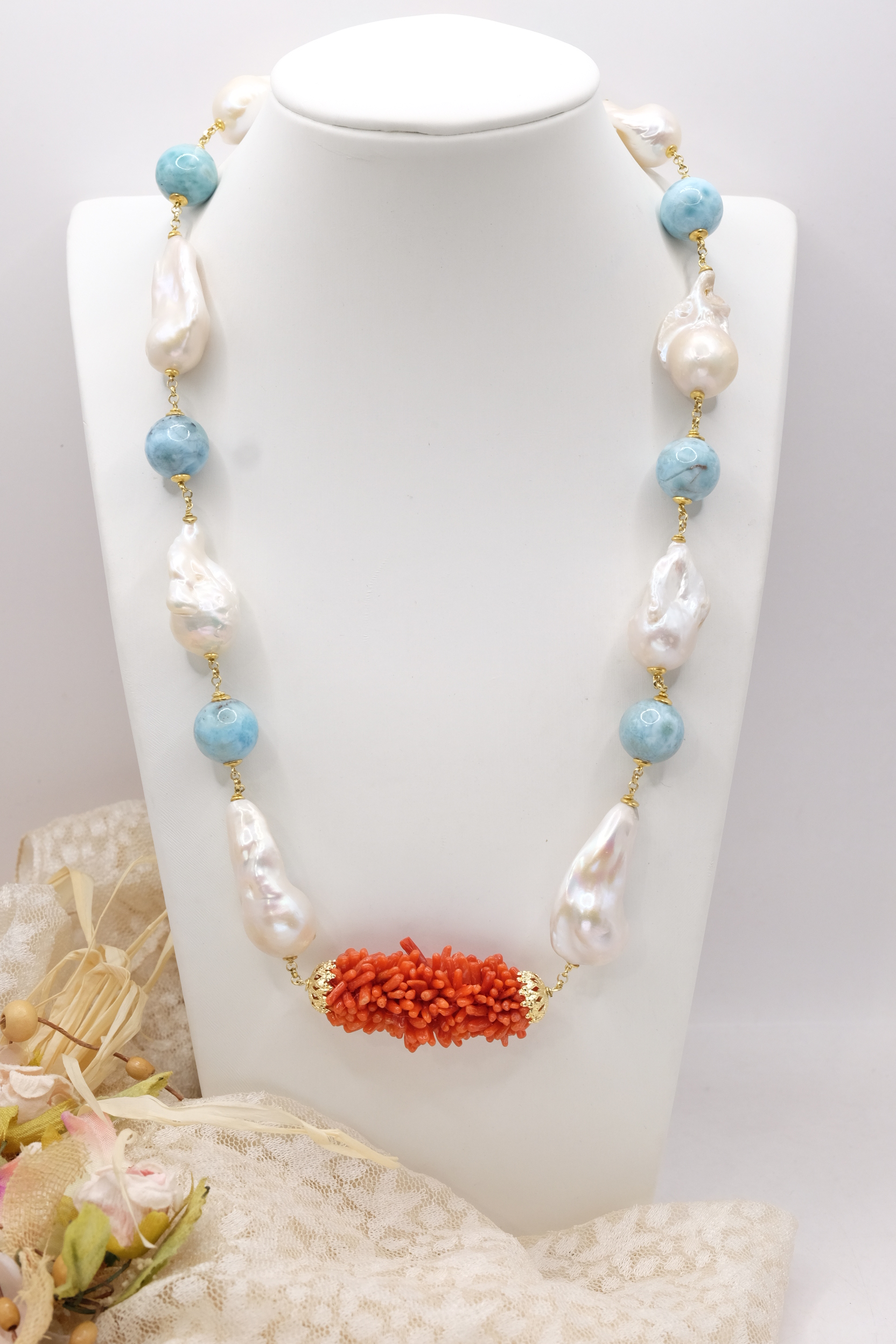 COLLANA ARTIGIANALE ARGENTO CORALLO MEDITERRANEO TESSITO LARIMAR (2)