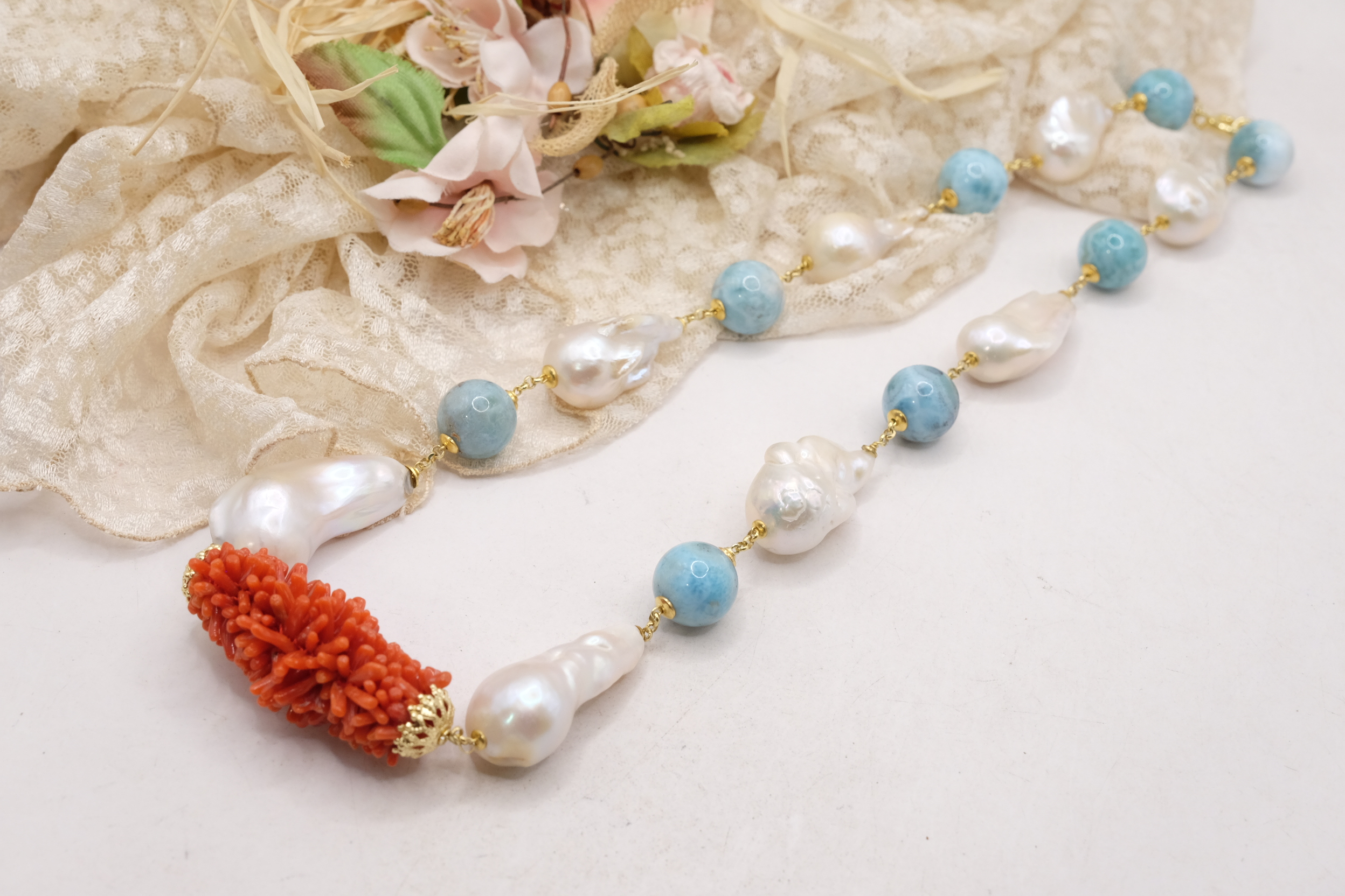 COLLANA ARTIGIANALE ARGENTO CORALLO MEDITERRANEO TESSITO LARIMAR (3)