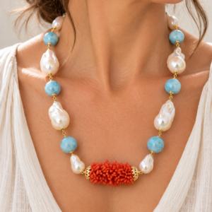 Collana Perle Grandi Naturali Barocche Corallo Tessito Larimar Argento 925