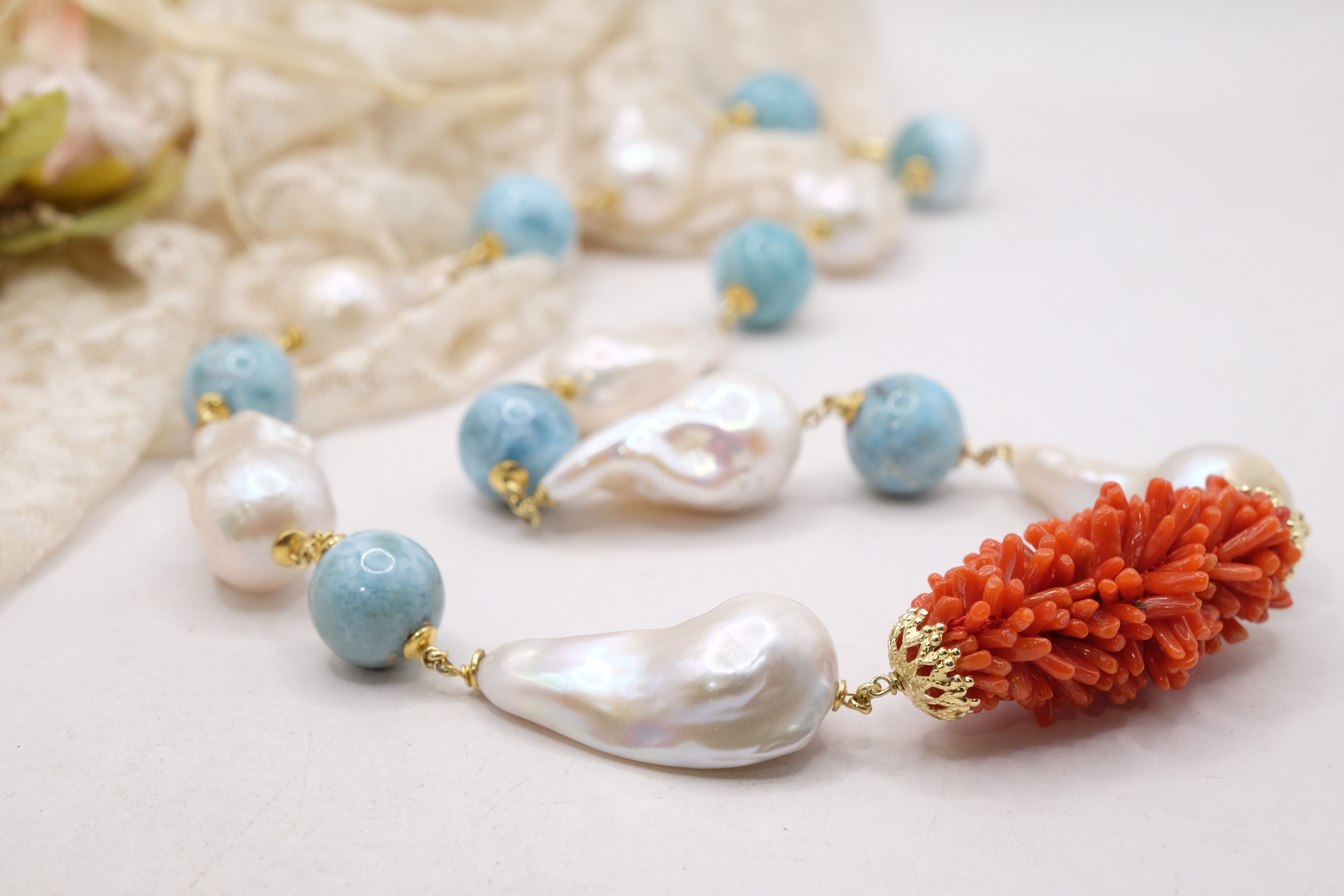 COLLANA ARTIGIANALE ARGENTO CORALLO MEDITERRANEO TESSITO LARIMAR (5)
