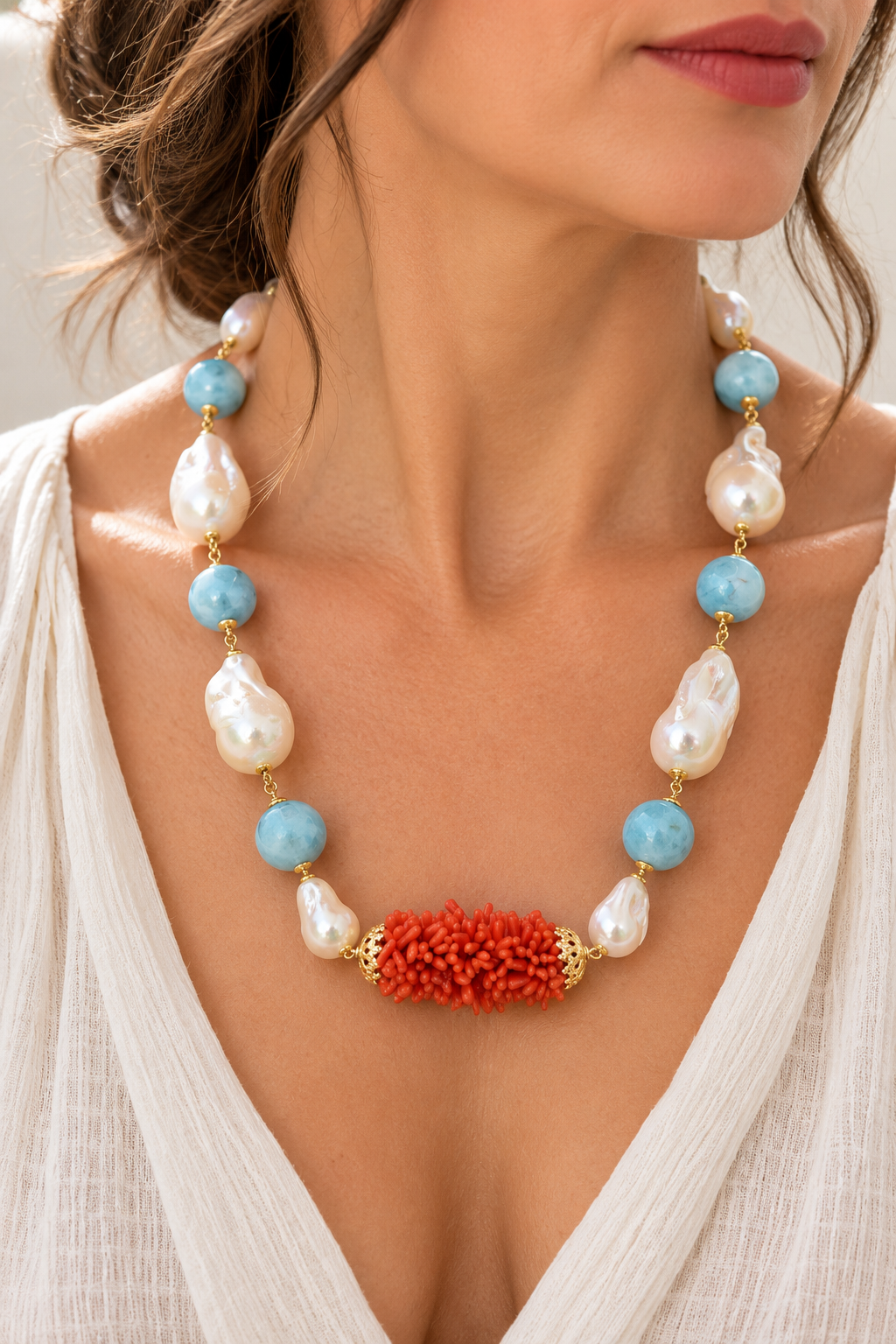COLLANA ARTIGIANALE ARGENTO CORALLO MEDITERRANEO TESSITO LARIMAR